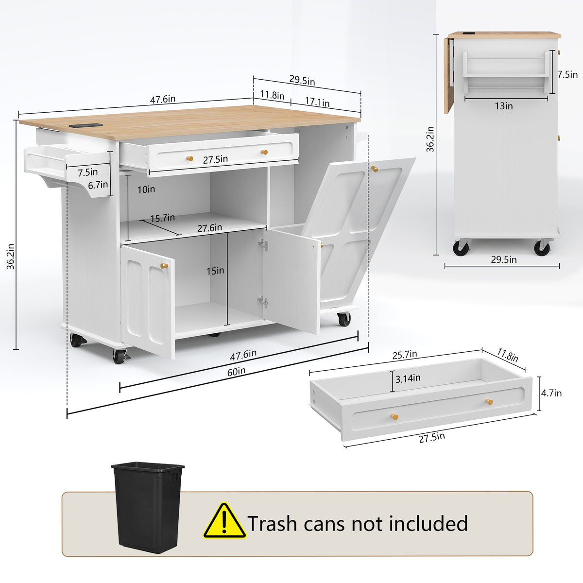 HLR Mid-Century 60" Kitchen Island with Trash Can Storage, Rolling Island Table, White