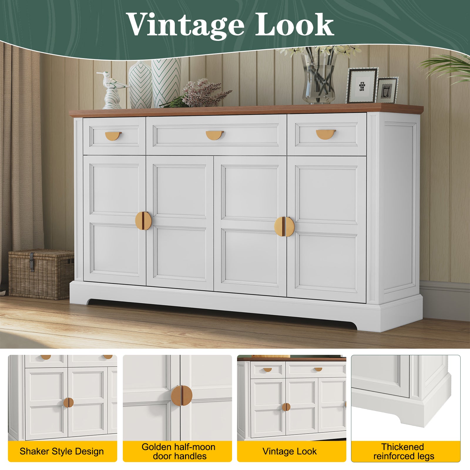 CBJCBJ Modern 60" Large Sideboard Storage Cabinet with Drawers, Farmhouse Wooden Coffee Bar