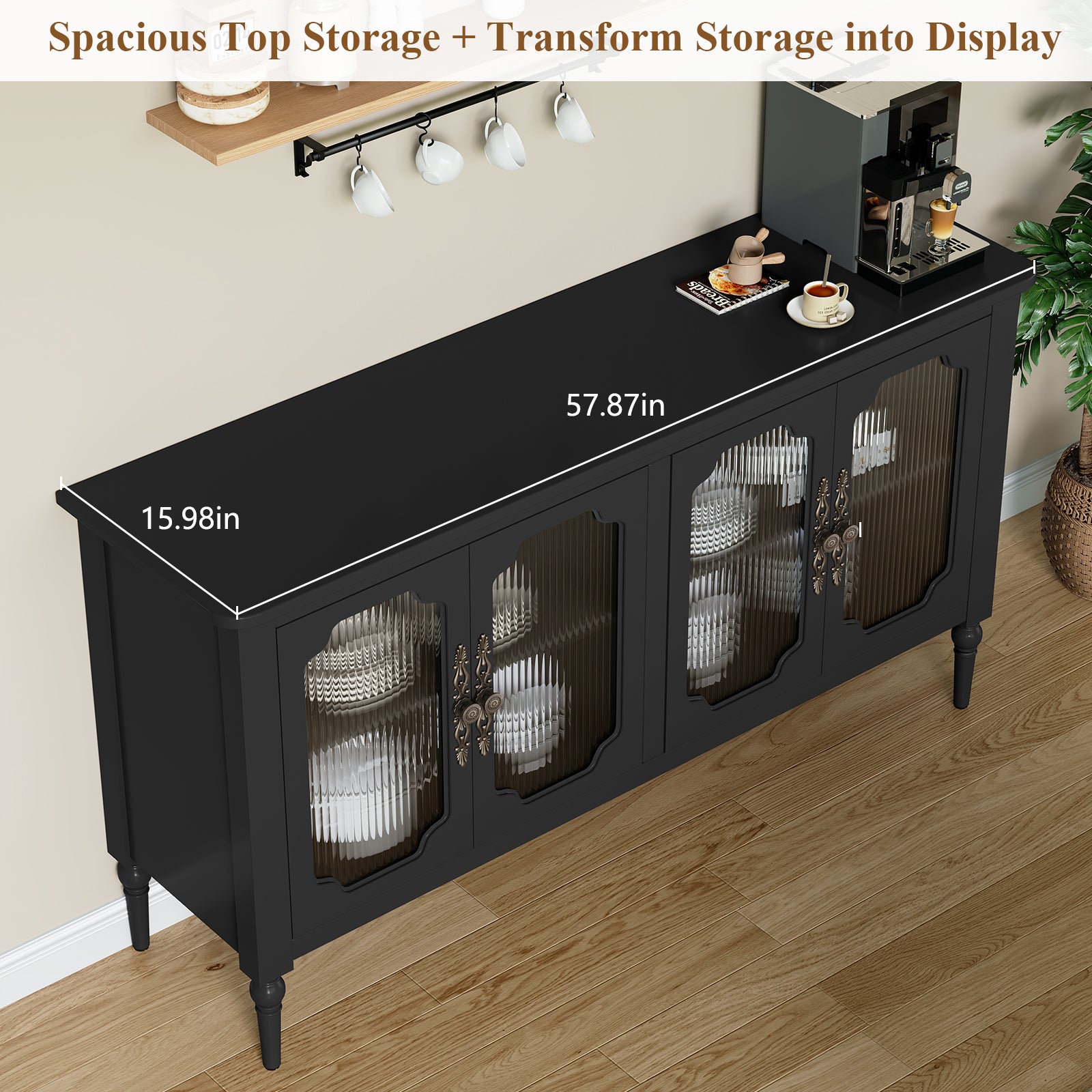 HLR 58'' Large Sideboard Buffet Cabinet with Storage, 4 Glass Modern Credenza Table for Kitchen, Black