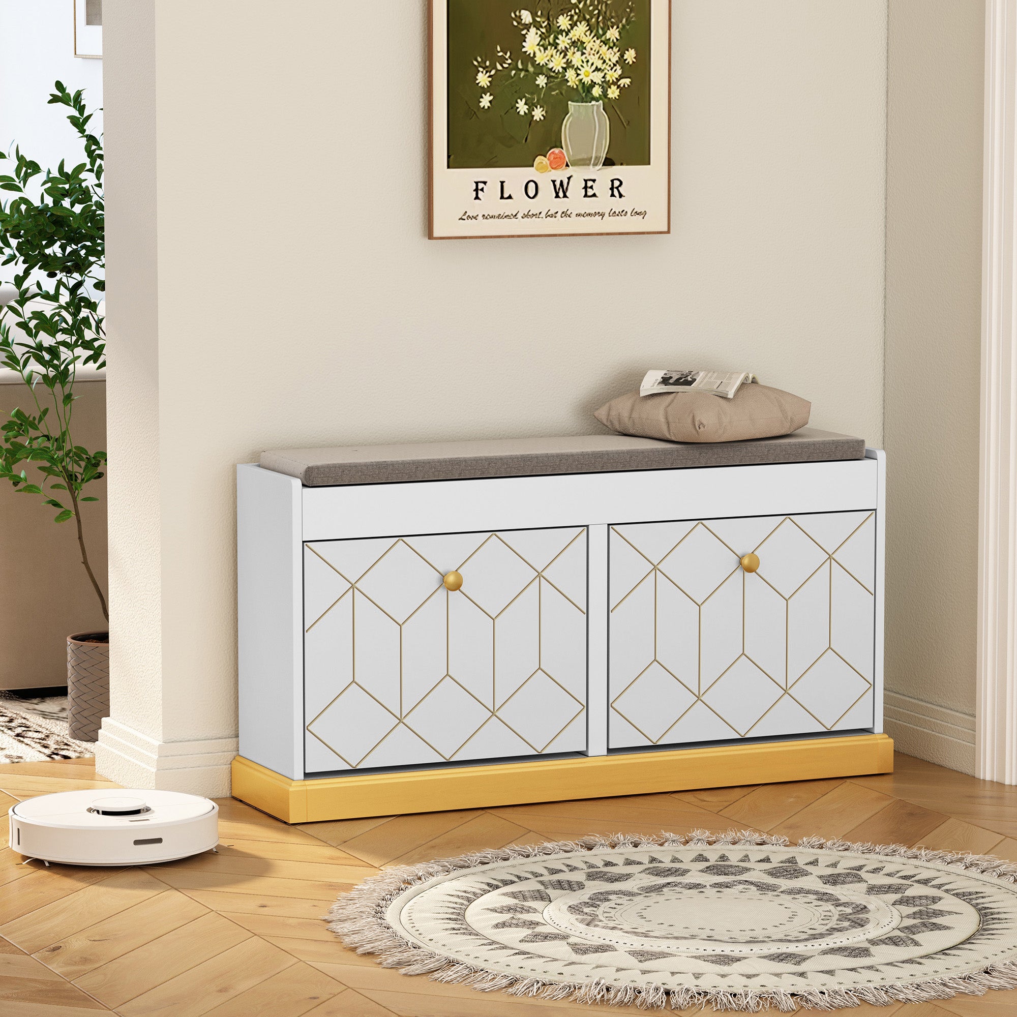 CBJCBJ 39"W Multifunction Suitable Shoe Bench with Soft Cushion and 2 Drawers for Entryway, White