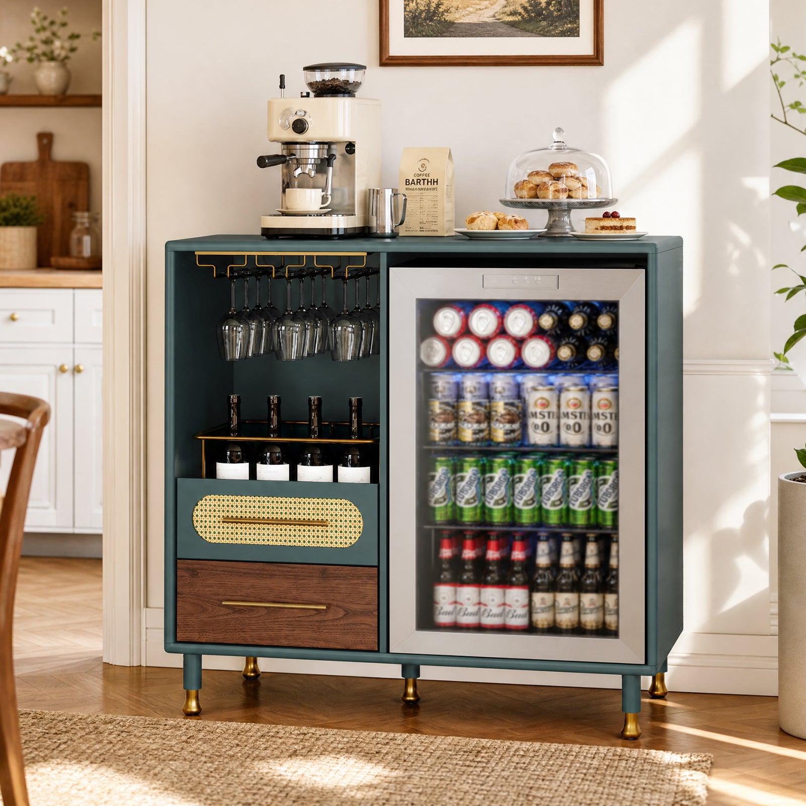 CBJCBJ Modern Wine Bar Cabinet with Ice Bar, Compact Coffee Bar for Dining Room(No Refrigerator Included),Green