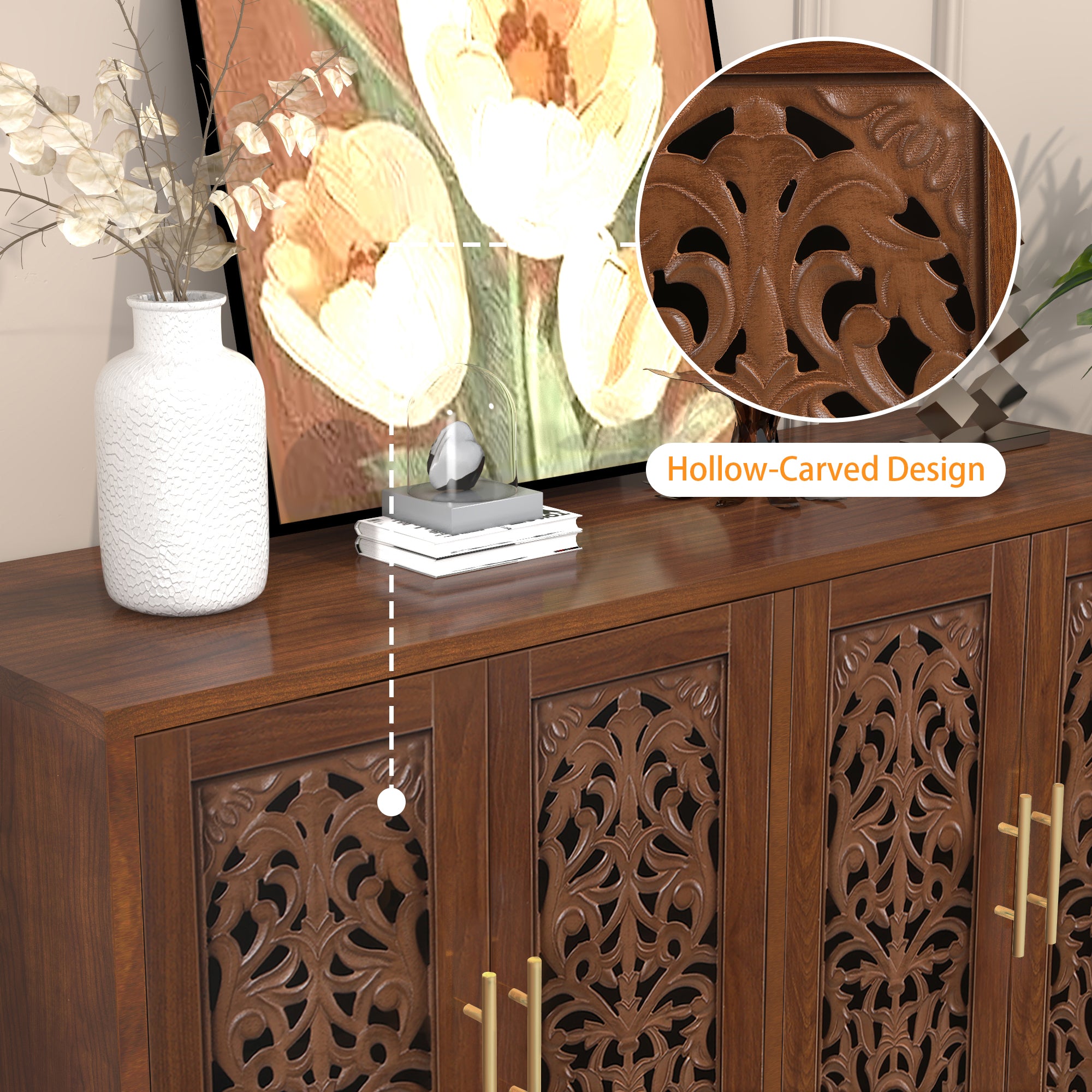CBJCBJ 48″ Retro Storage Cabinet with 4 Doors, Hollow Carved Buffet Hutch for Living Room, Kitchen, Dining & Entryway, Vintage Decorative Organizer (BROWN)
