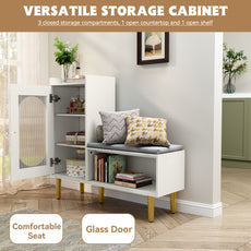 CBJCBJ Modern Storage Bench with Glass Door & Shelf - L-Shaped Entryway Cabinet, Padded Seat for Hallway/Bedroom/Office, White