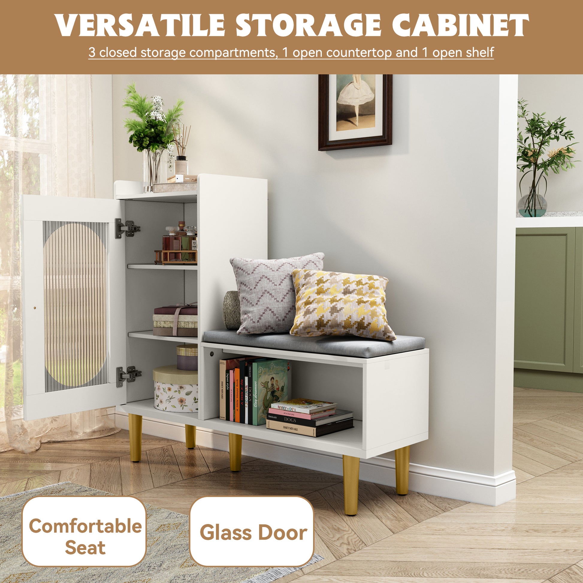 CBJCBJ Modern Storage Bench with Glass Door & Shelf - L-Shaped Entryway Cabinet, Padded Seat for Hallway/Bedroom/Office, White