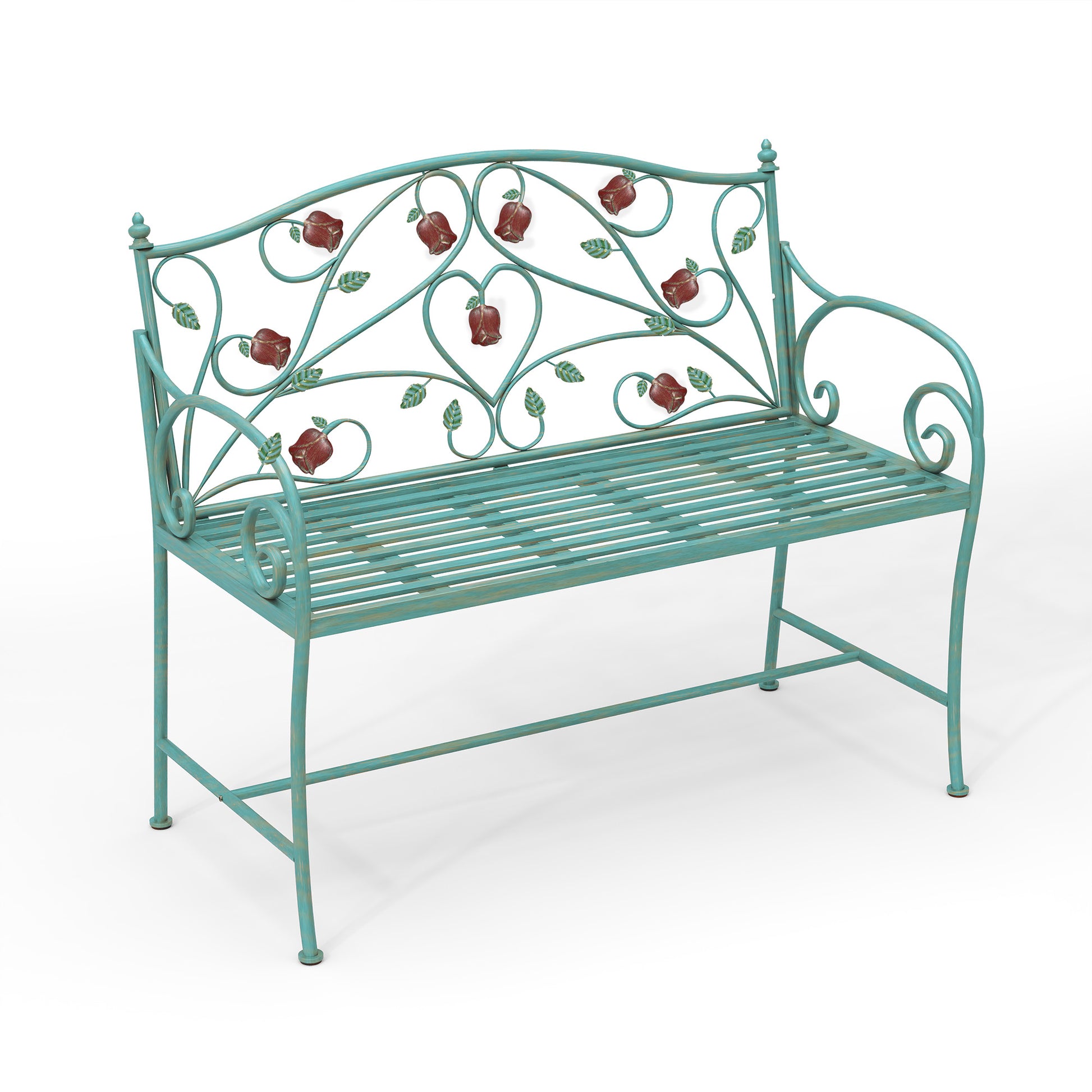 HLR Farmhouse Outdoor Bench with Rose Pattern, 41.7'' Metal Frame Patio Garden Chair Cast Iron, Light Blue