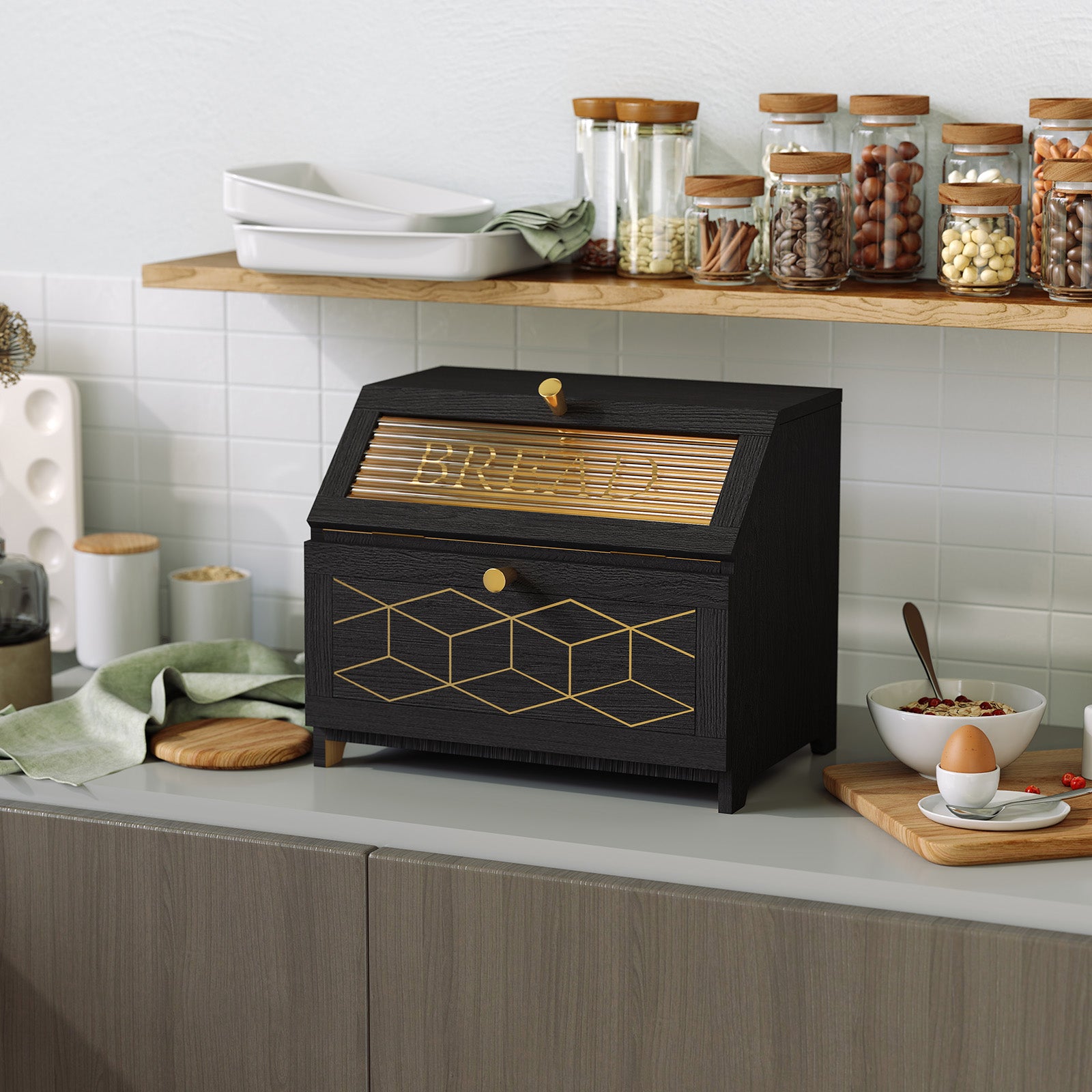 CBJCBJ 15.1" Gold-Trimmed Wooden Bread Box, Double Layer Kitchen Counter Organizer, Vintage Farmhouse Storage