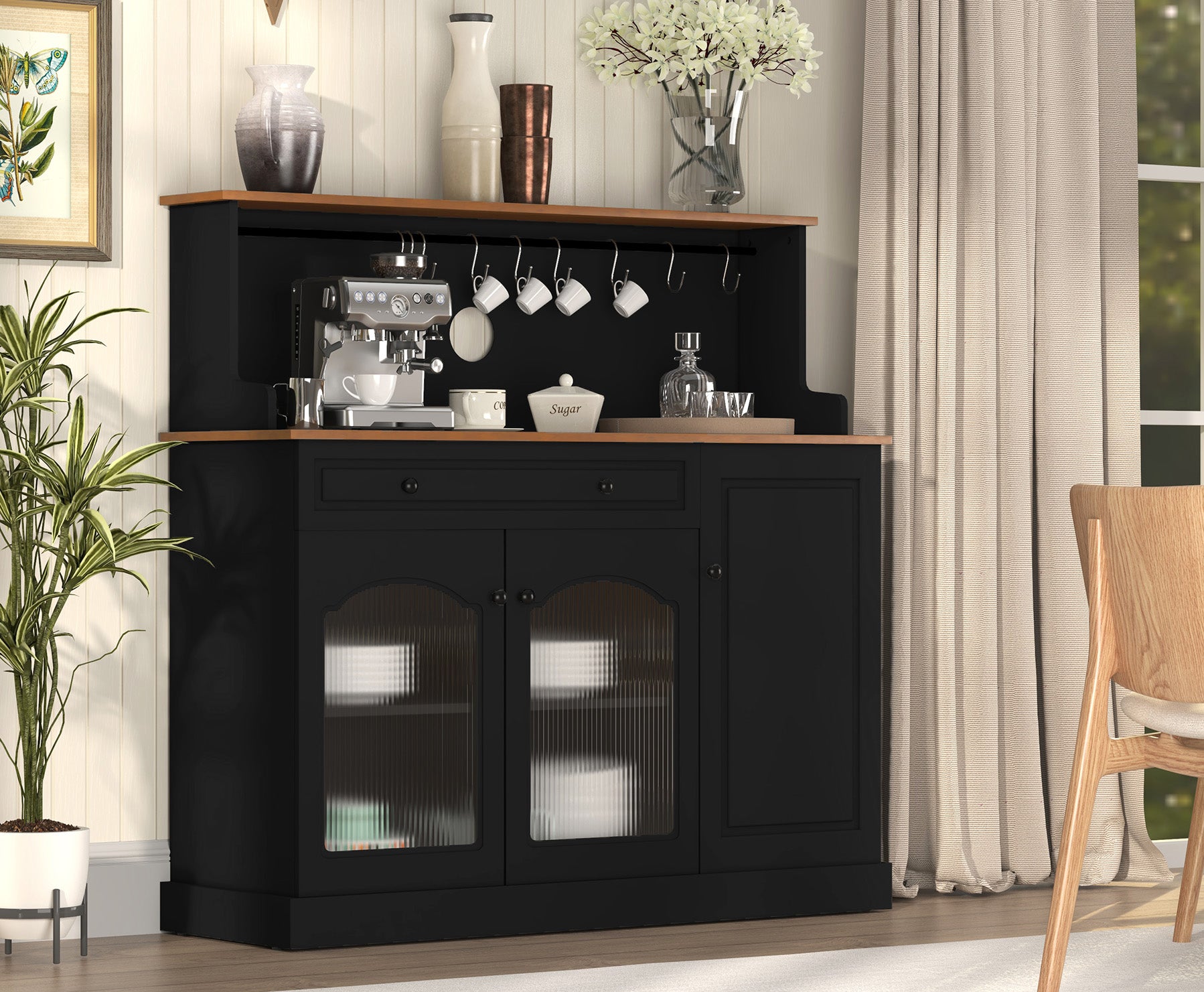 HLR 48" Modern Wood Kitchen Pantry Cabinet, Coffee Bar with Drawer & Microwave Stand, Dining Room, Black