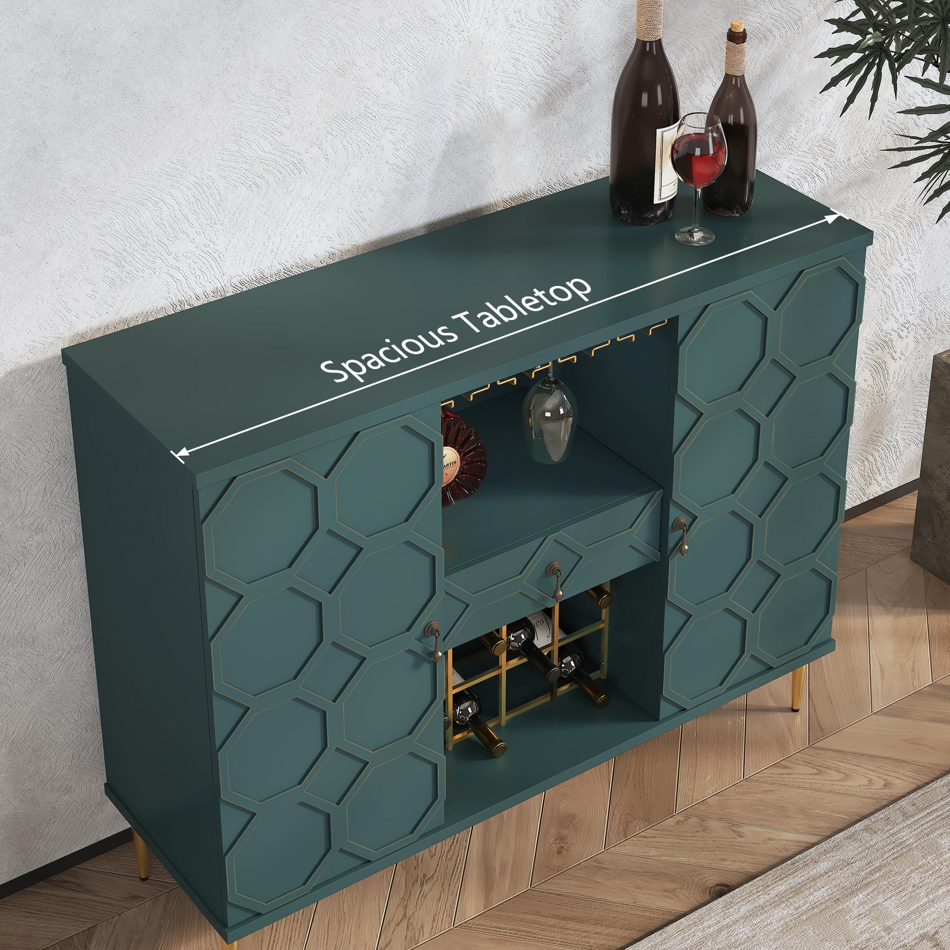 HLR Modern 47.2" Wine Bar Cabinet with Drawer, Geometric Door Buffet Sideboard Coffee Bar for Kitchen