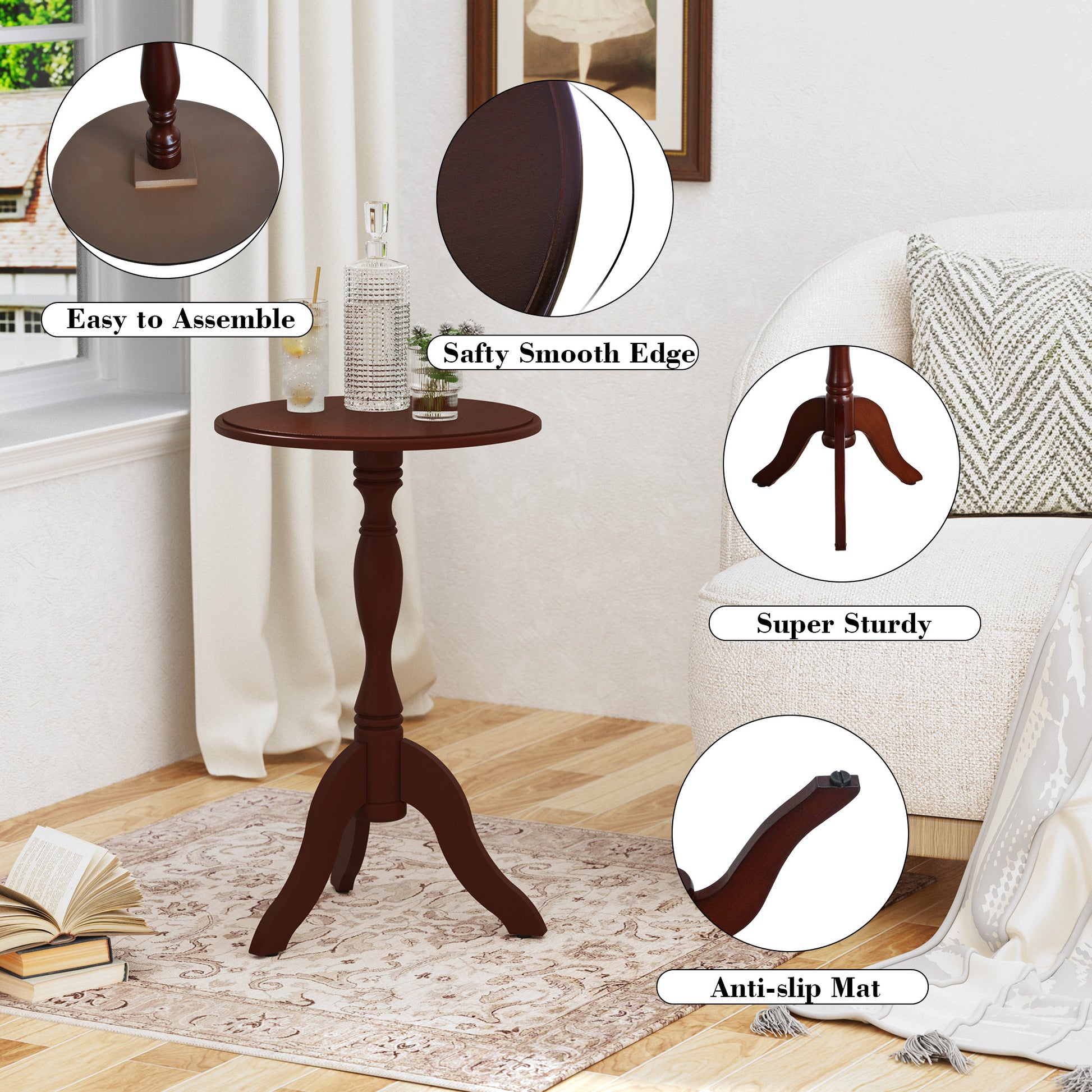HLR Round Small End Table, Wooden Pedestal Side Coffee Table, Vintage Accent Nightstand for Living Room, Bedroom, Entryway, Dark Brown