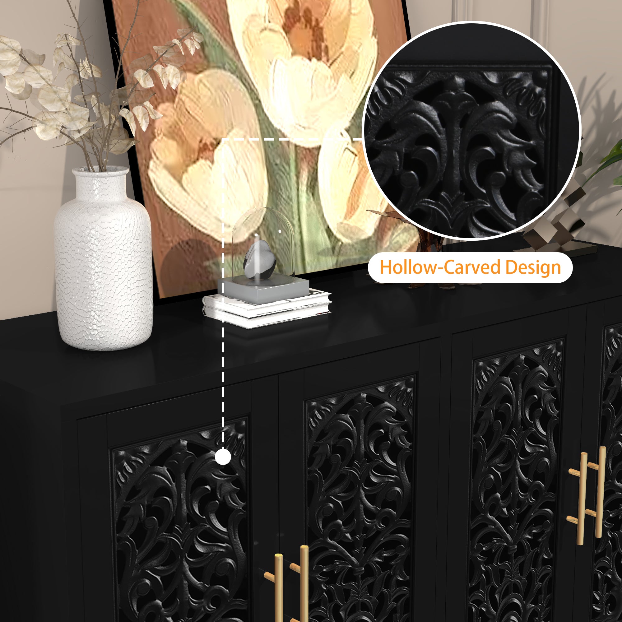 CBJCBJ 48″ Retro Storage Cabinet with 4 Doors, Hollow Carved Buffet Hutch for Living Room, Kitchen, Dining & Entryway, Vintage Decorative Organizer (Black)