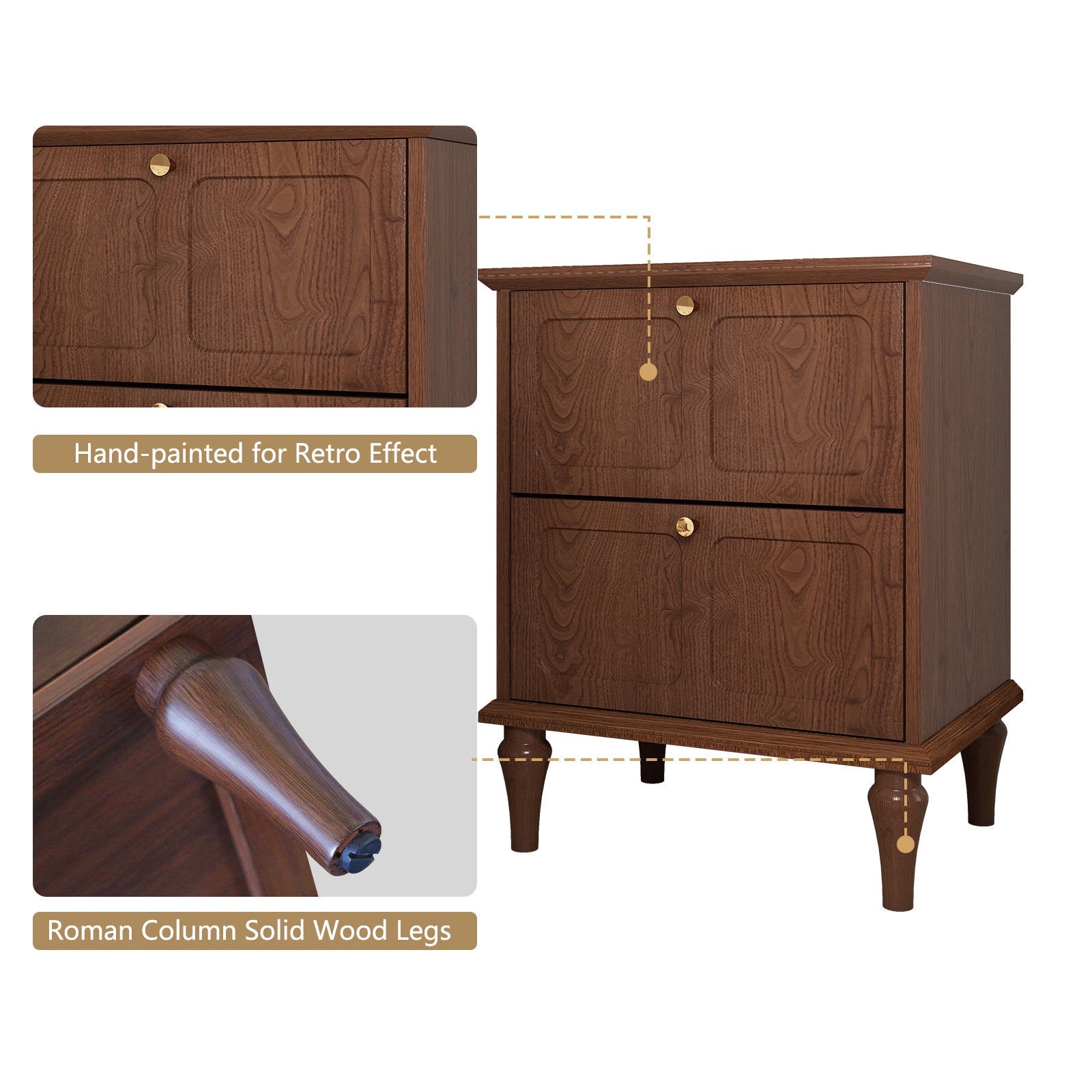HLR 20" Mid Century Nightstands Set of 2 with Drawers, Wood Bedside Table End Table for Bedroom, Brown