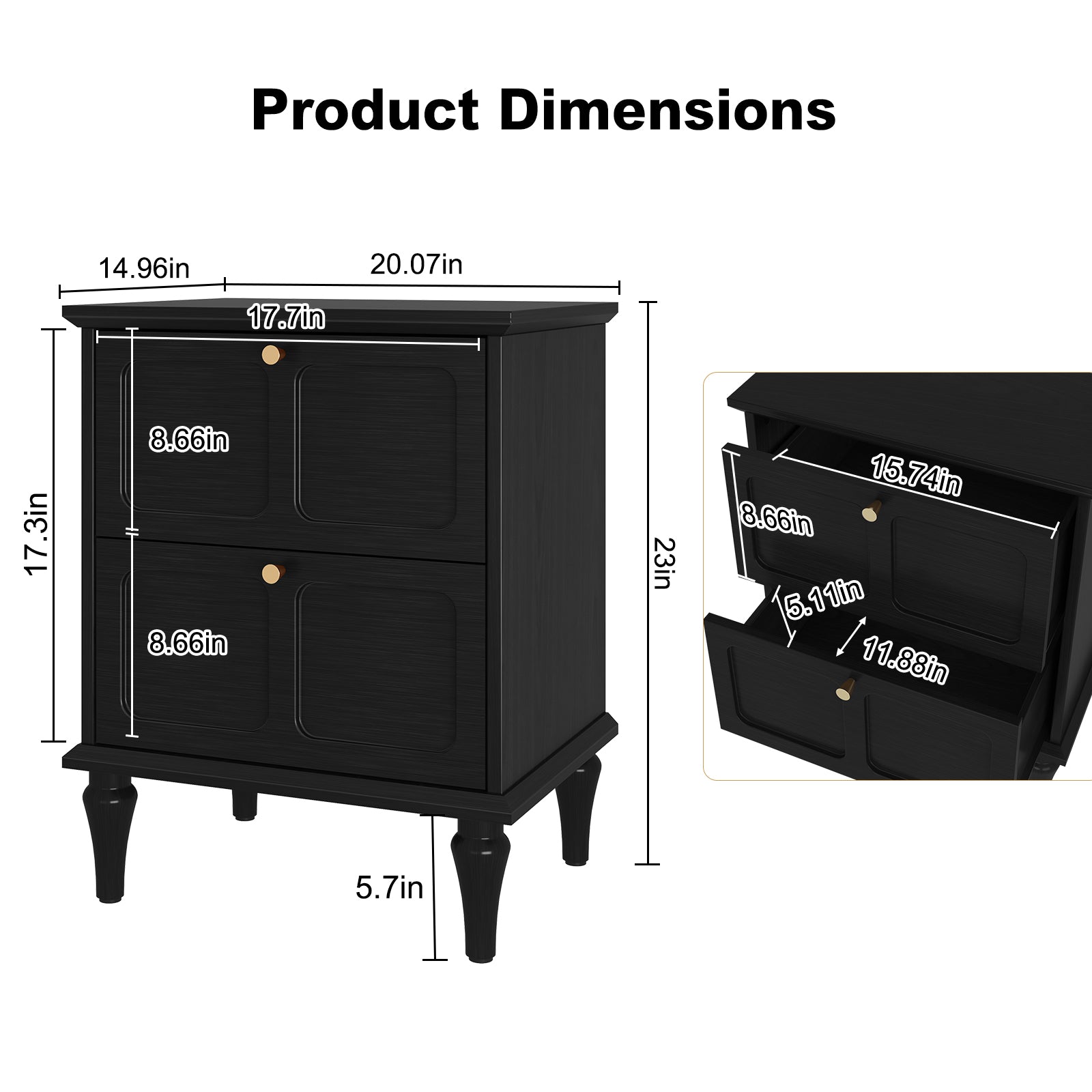 CBJCBJ21" Mid-Century Nightstands Set of 2, Featuring Two Storage Drawers with Metal Handles, Black