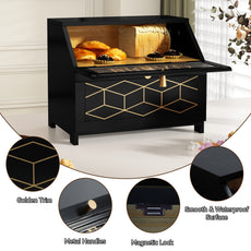 HLR Large Bread Box, Wood 2-layer Bread Box Storage for Kitchen Counter, with Bar Pattern Windows, Black
