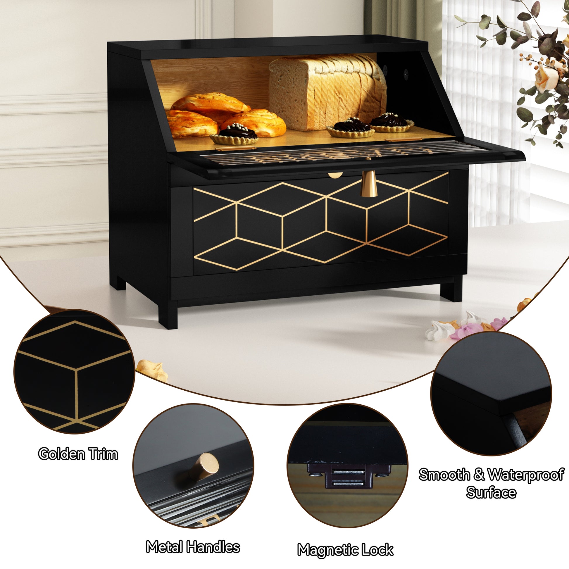 HLR Large Bread Box, Wood 2-layer Bread Box Storage for Kitchen Counter, with Bar Pattern Windows, Black