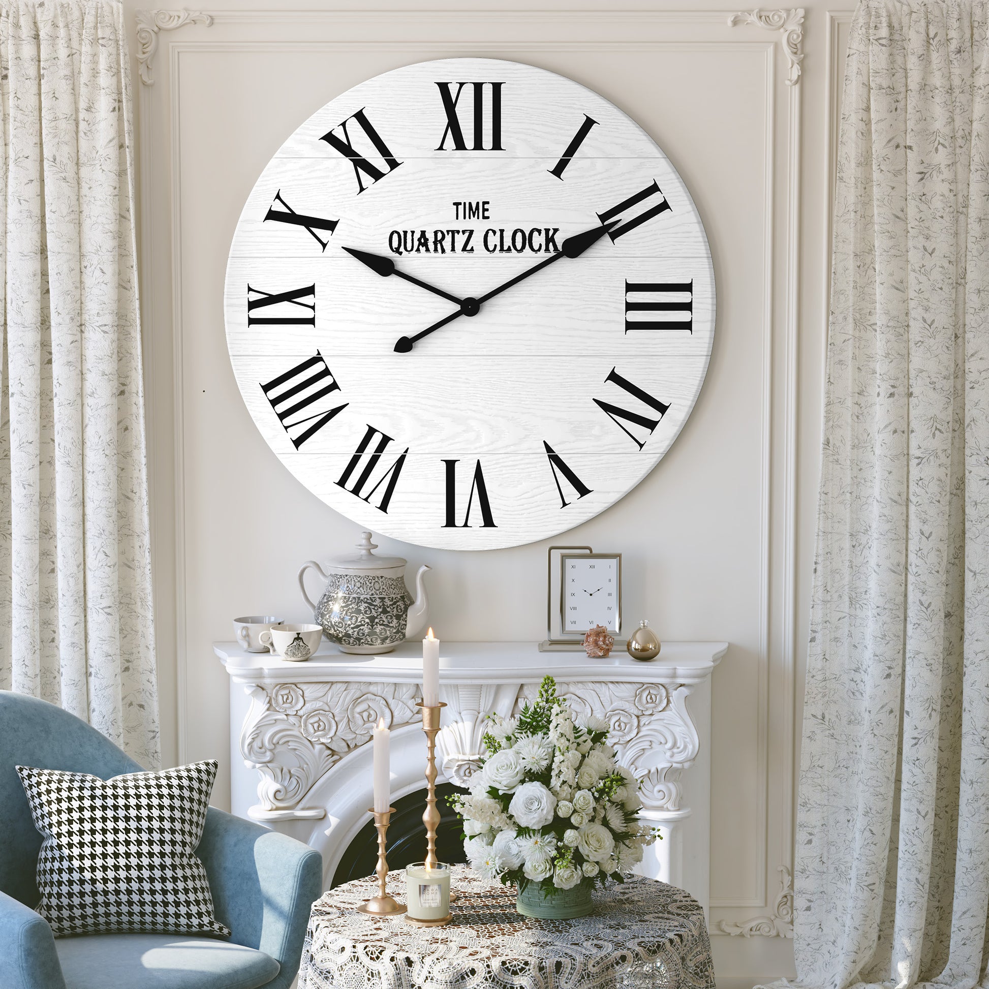 CBJCBJ 35.5” Farmhouse Large Shiplap Round Wall Clock with Roman Numeral for Living Room Decor,White