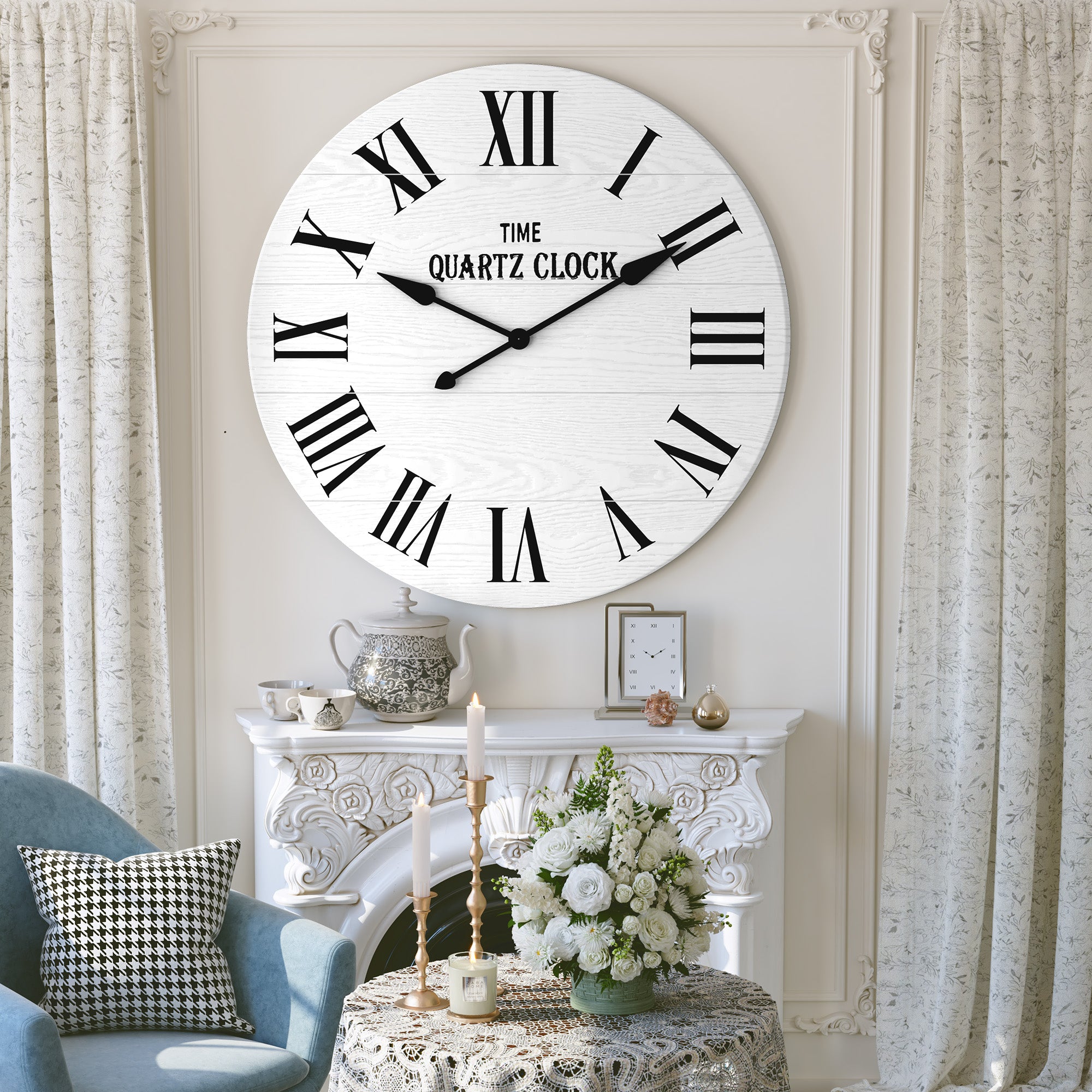 CBJCBJ 35.5” Farmhouse Large Shiplap Round Wall Clock with Roman Numeral for Living Room Decor,White