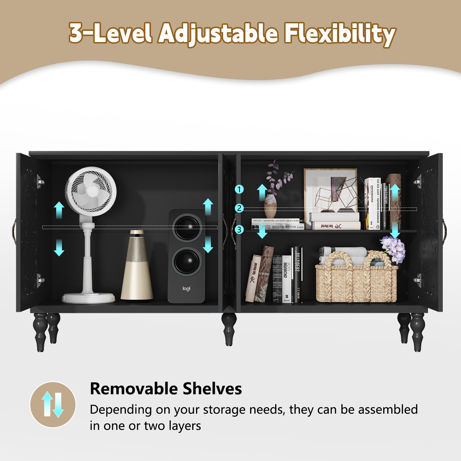 CBJCBJ Mid-Century Retro 62" Wood Openwork Carved 4 Door Sideboard Buffet Cabinet for Living Dining & Bedroom,Black