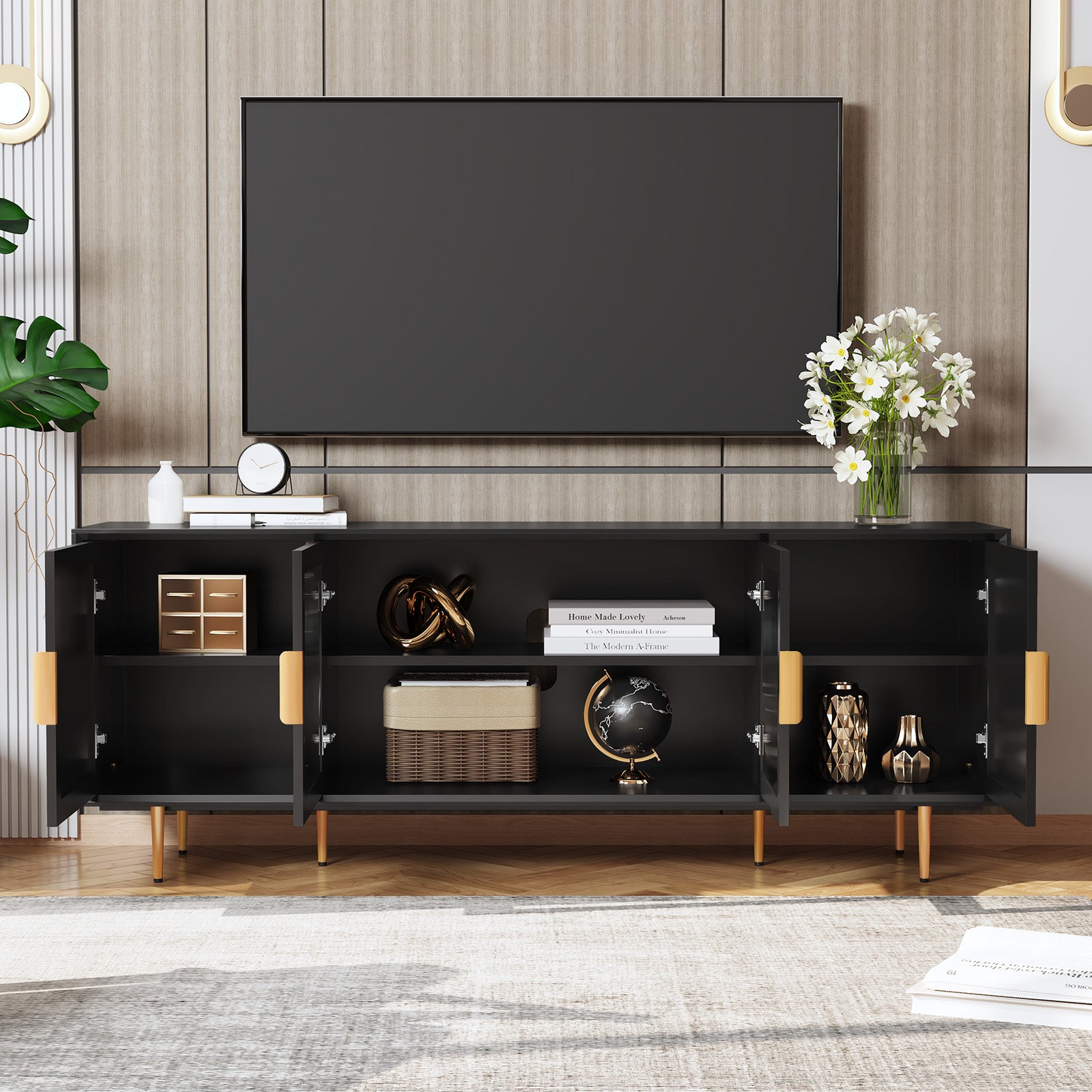 HLR Modern 66" TV Stand, for TVs up to 75", Living Room Entertainment Center with Glass Storage Cabinet, Black