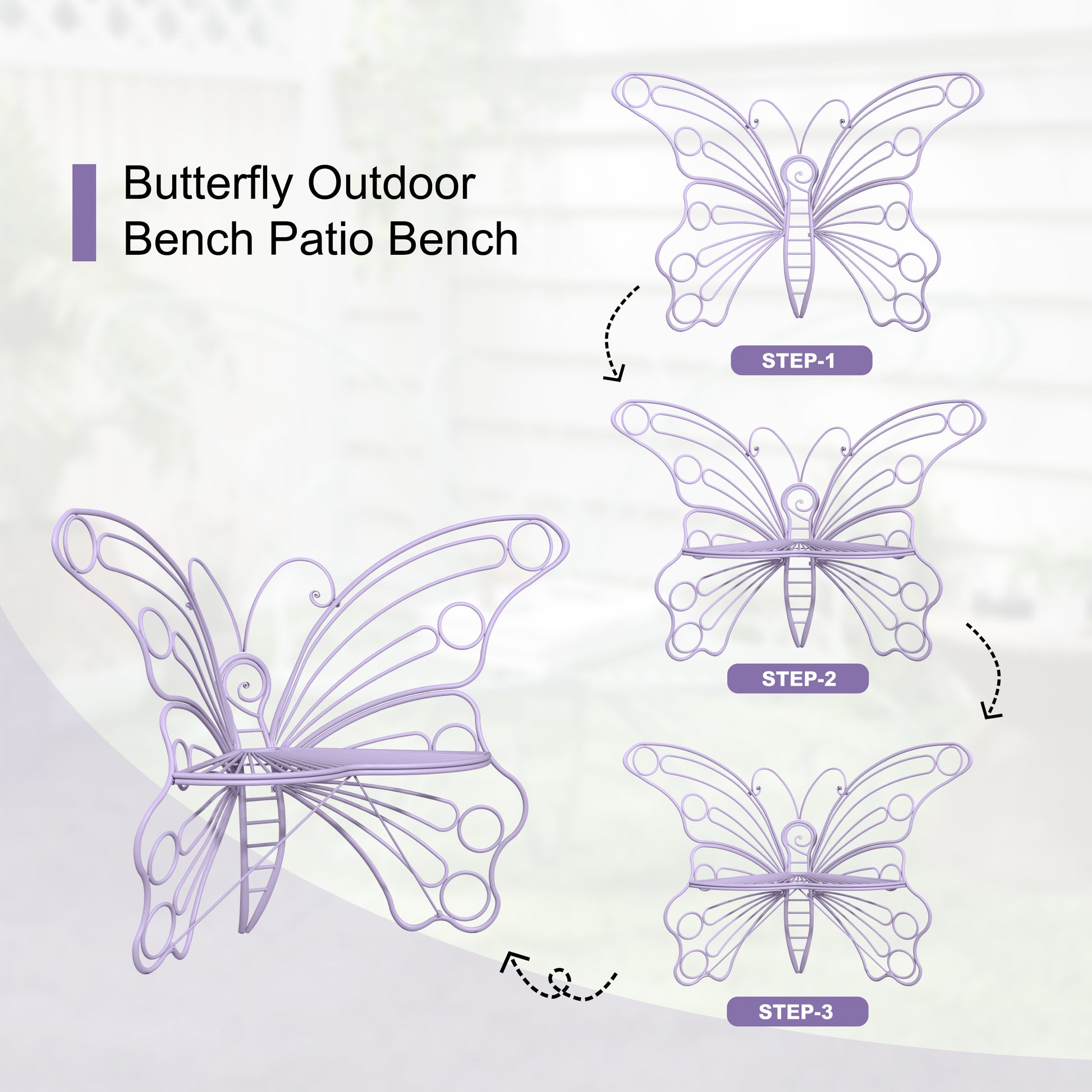 CBJCBJ 50" Weatherproof Outdoor Patio Bench，Metal Butterfly Design for Garden and Lawn Porch， Purple