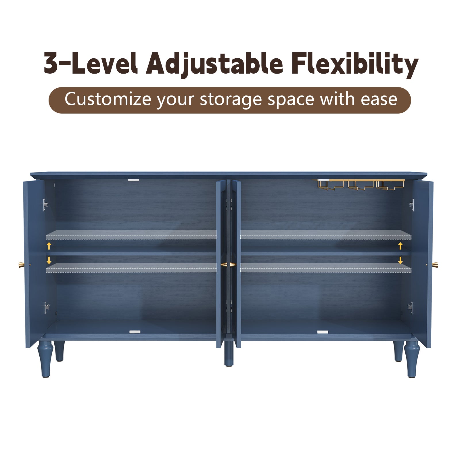 HLR Mid Century 58" Wood 4 Door Sideboard Buffet Cabinet with Storage for Living Dining (Navy Blue)