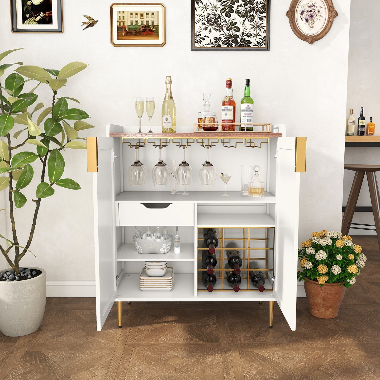 HLR 32"W Wine Bar Cabinet with 2 Door Fluted Texture, Modern Coffee Cabinet with Rack&Glass Holder, White.