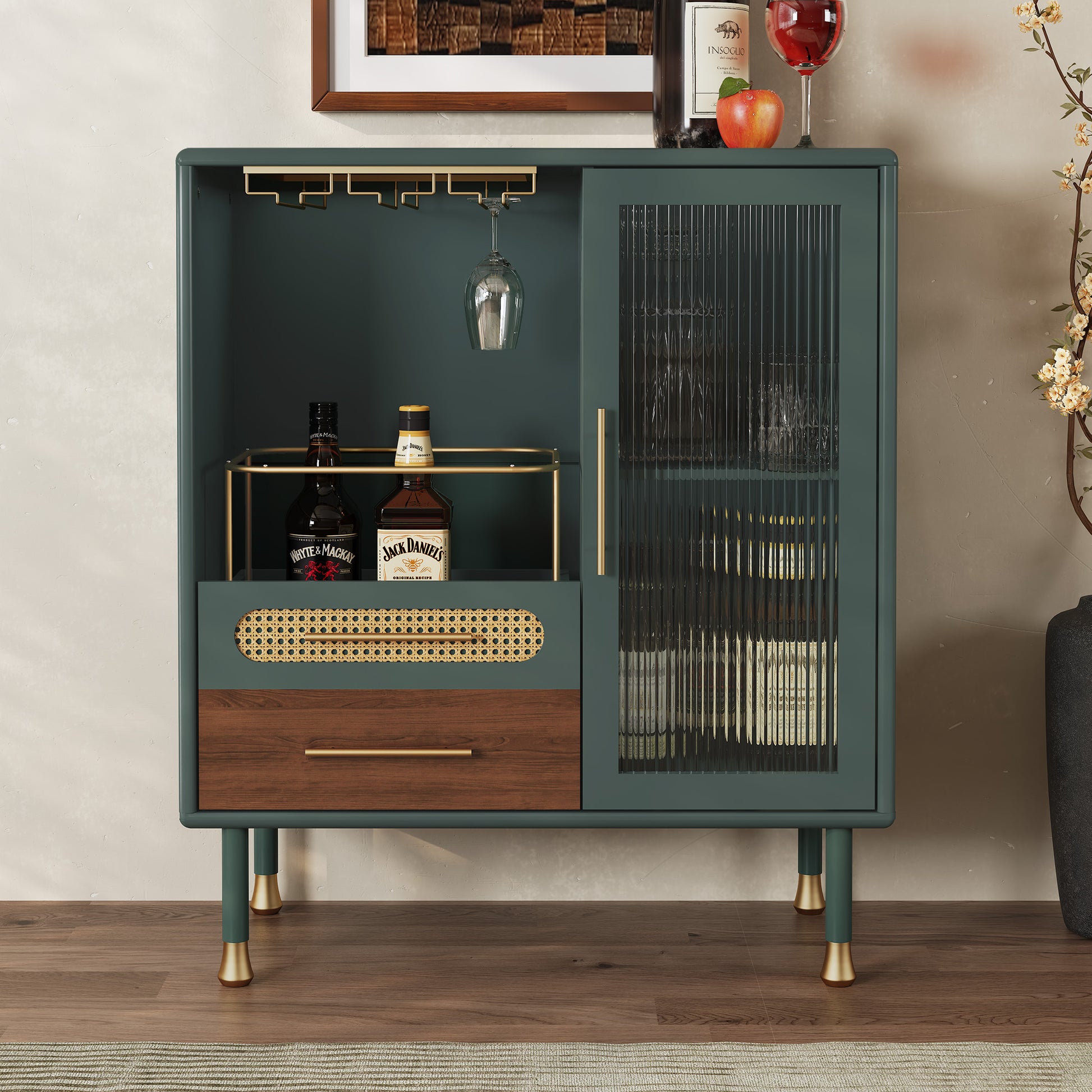 HLR 31.5"W Modern Wine Storage Cabinet with Pull-Out Rack & Tempered Glass Doors – Compact Coffee Bar for Kitchen, Dining Room, Apartment,Green