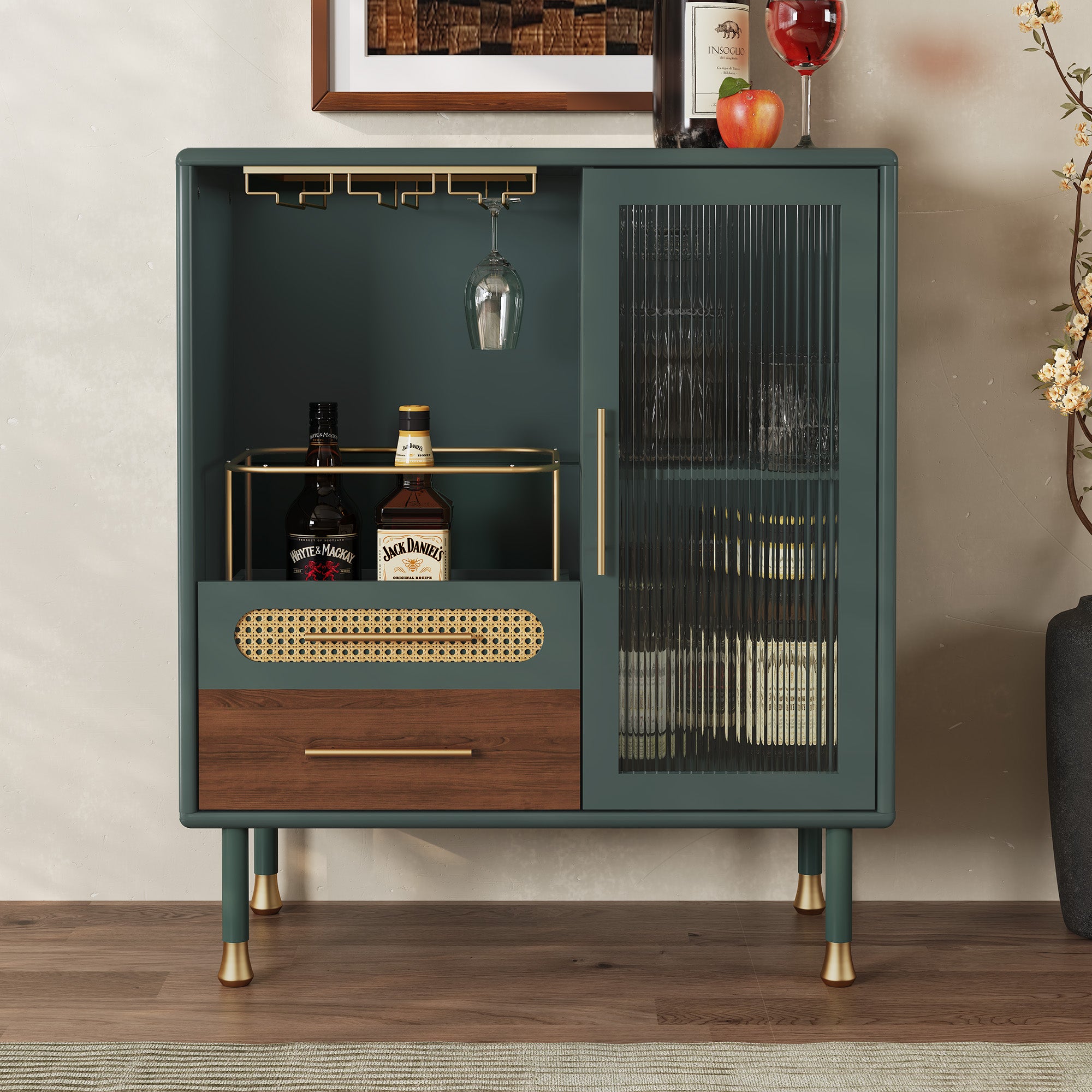 HLR 31.5"W Modern Wine Storage Cabinet with Pull-Out Rack & Tempered Glass Doors – Compact Coffee Bar for Kitchen, Dining Room, Apartment,Green
