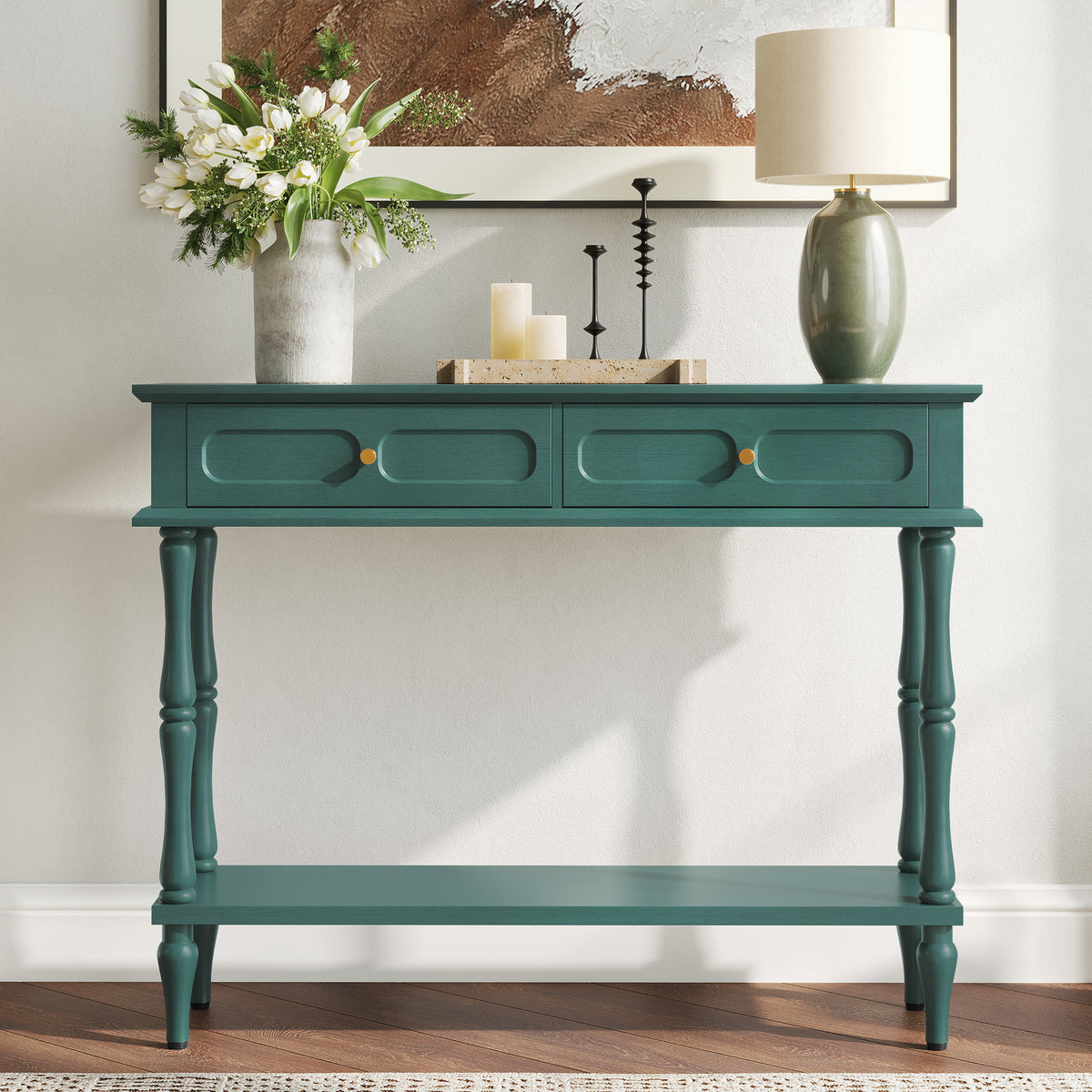 HLR 41" Mid Century Console Tables, Entryway Tables with 2 Drawers, 10 Mins Assembly, Green
