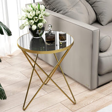 HLR® Modern Round Side Table, End Table with Marble Effect Top and Gold Metal Frame