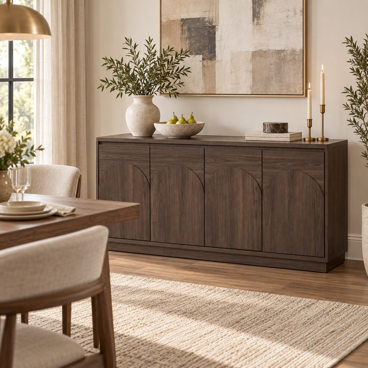 HLR 63'' Sideboard Buffet Cabinet, Mid-Century Wood Accent Cabinet with 4 Doors Storage for Living, Gray