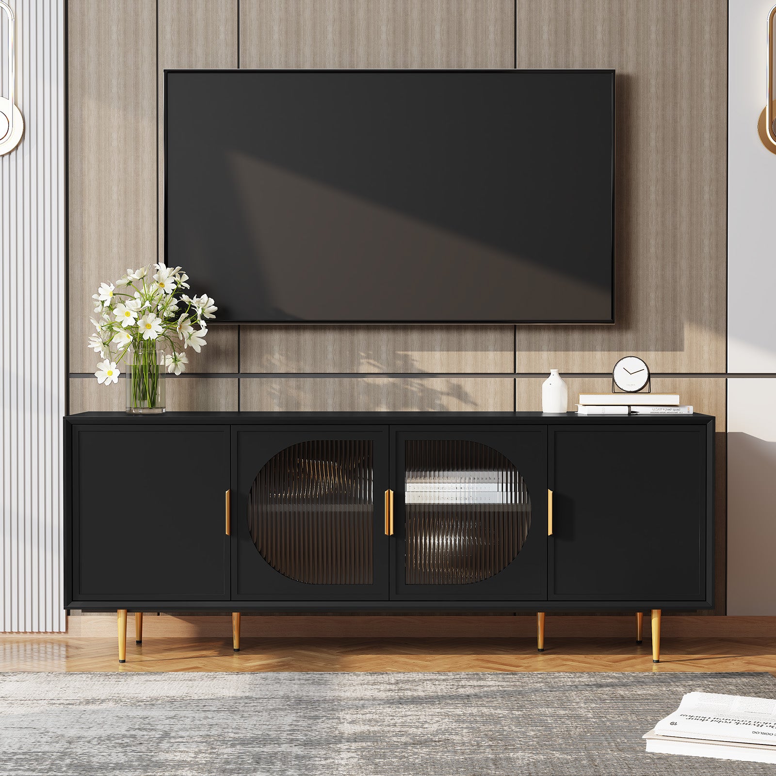 HLR Modern 66" TV Stand, for TVs up to 75", Living Room Entertainment Center with Glass Storage Cabinet, Black