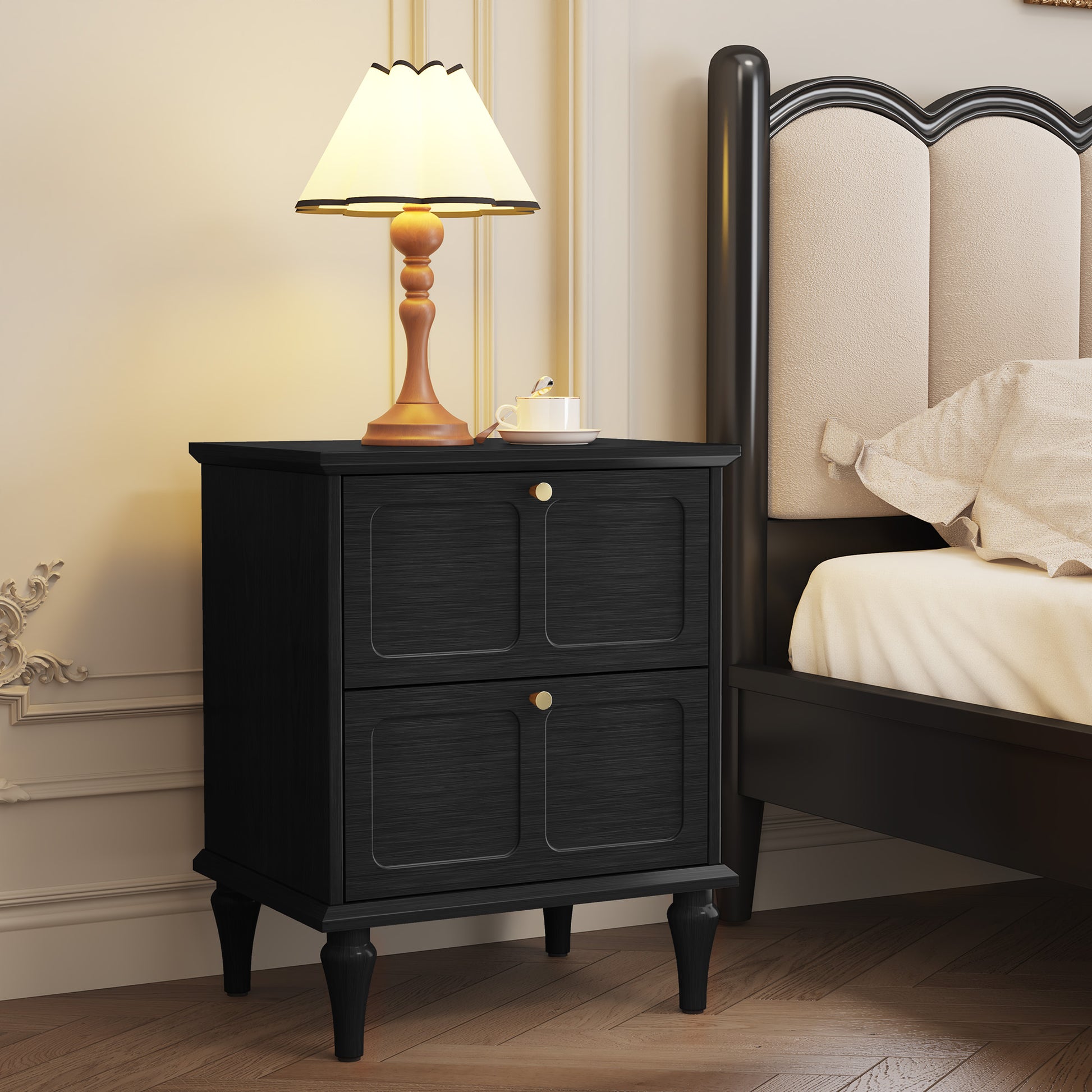 HLR 20" Mid Century Nightstands Set of 2 with Drawers, Wood Bedside Table End Table for Bedroom, Black
