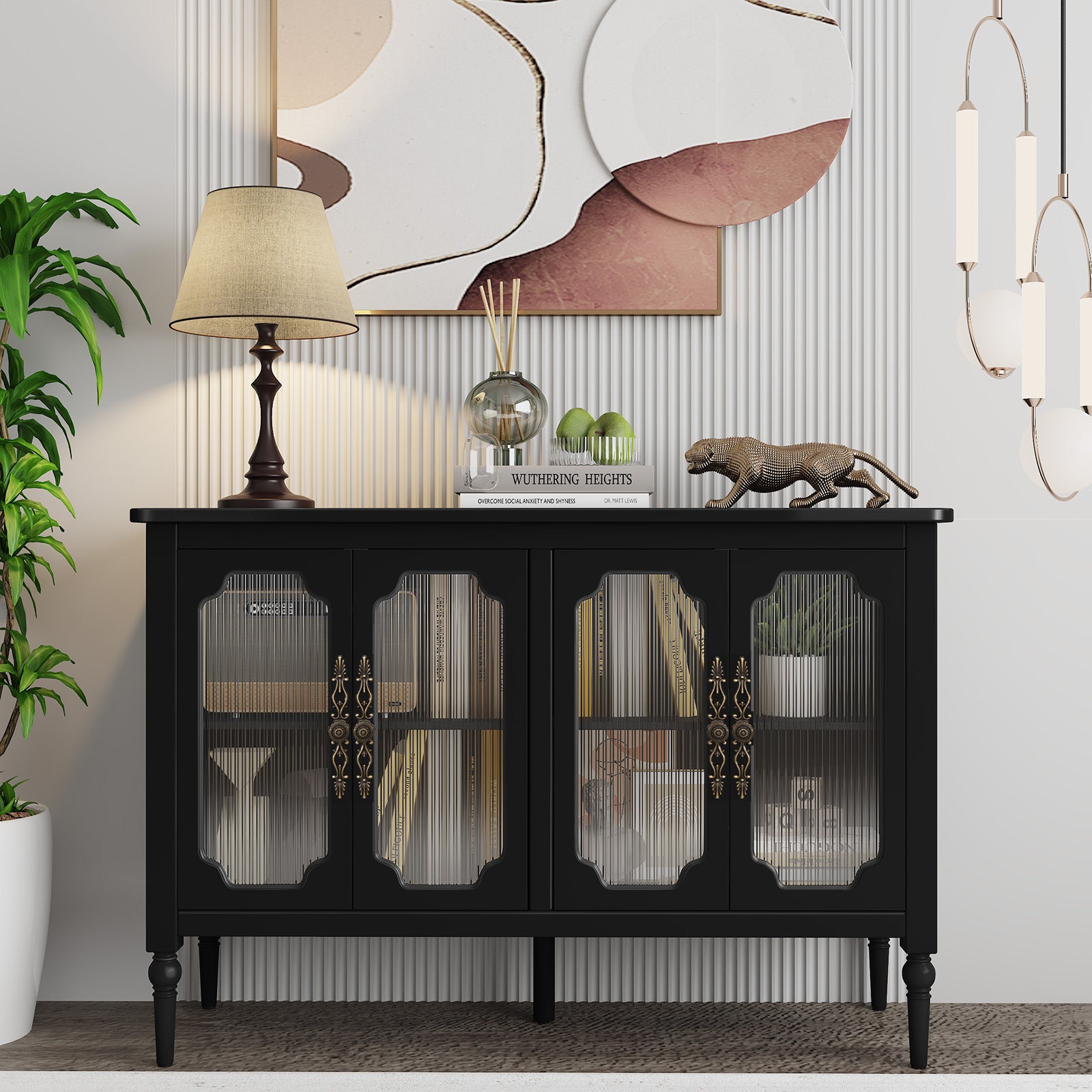 CBJCBJ Retro 47'' Wood Sideboard Buffet Cabinet,Storage Cabinet with Glass Doors for Living Dining & Bedroom (Black)