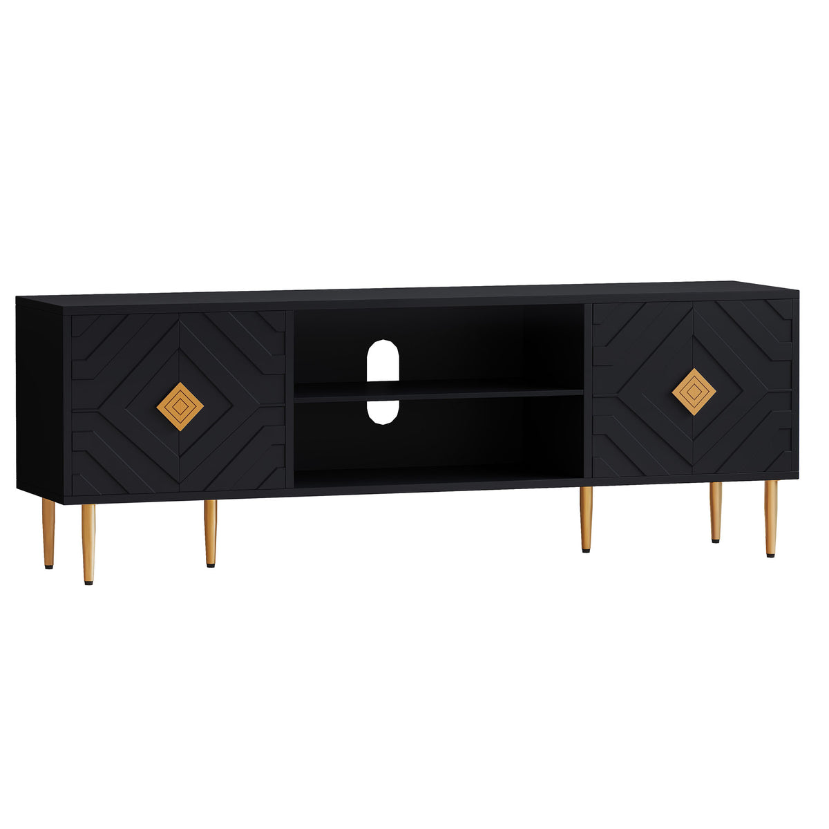 HLR Modern 70" TV Stand, for TVs up to 80", Living Room Entertainment Center with 4 Door Storage Cabinet, Black