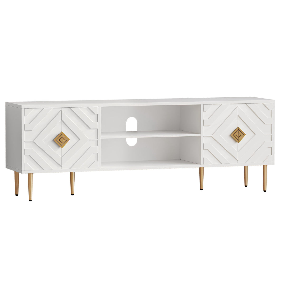 HLR Modern 70" TV Stand, for TVs up to 80", Living Room Entertainment Center with 4 Door Storage Cabinet, White