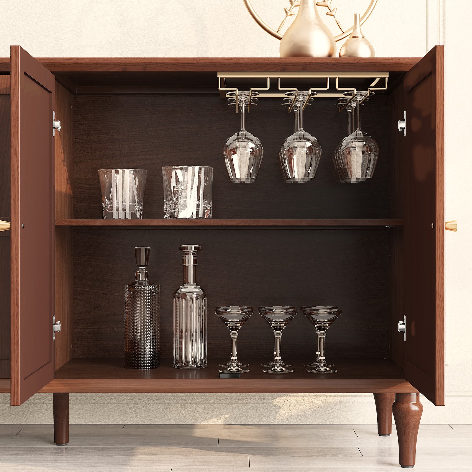 CBJCBJ Mid-Century 58'' Wood 4 Door Sideboard Buffet Cabinet for Living Dining & Bedroom (Brown)