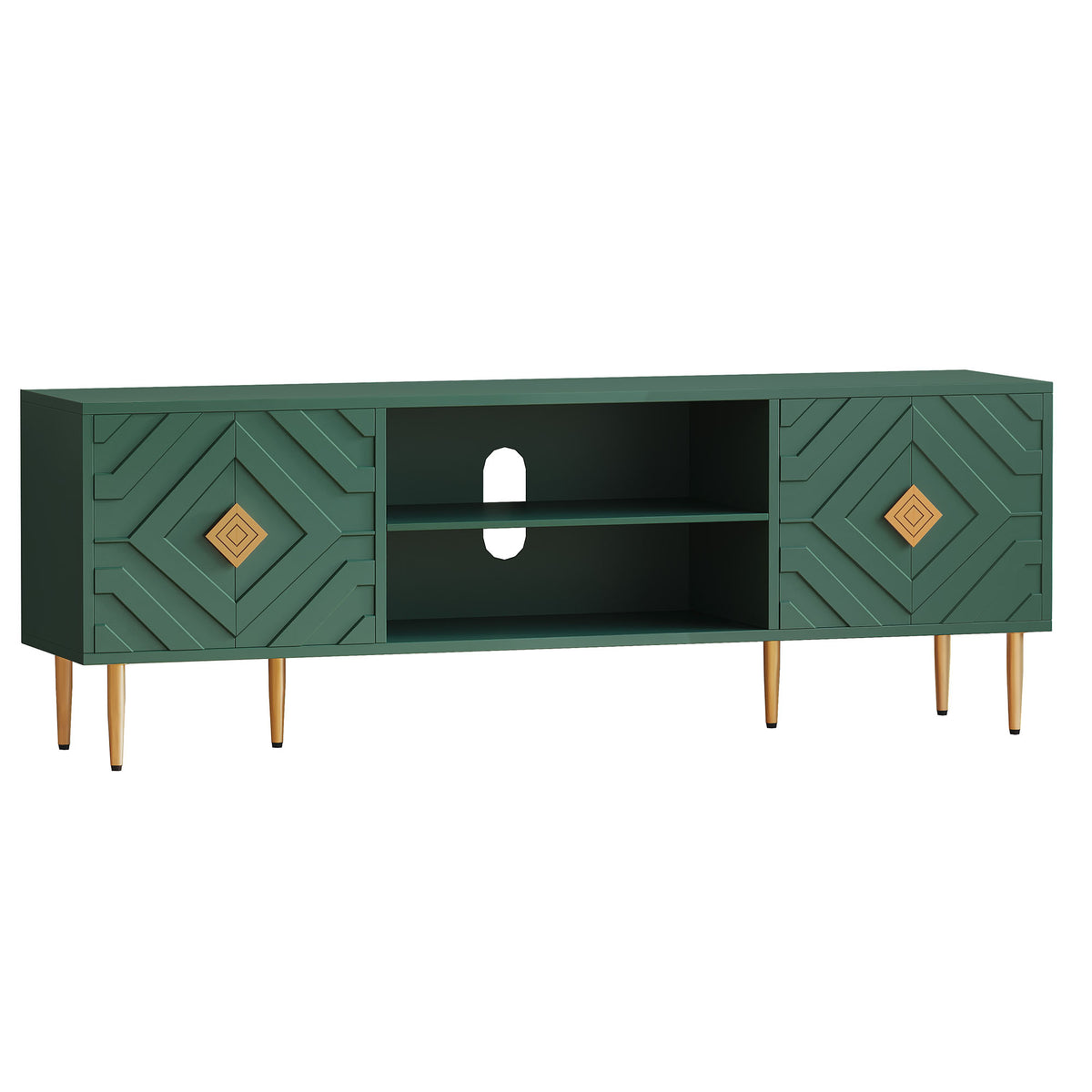 HLR Modern 70" TV Stand, for TVs up to 80", Living Room Entertainment Center with 4 Door Storage Cabinet, Green