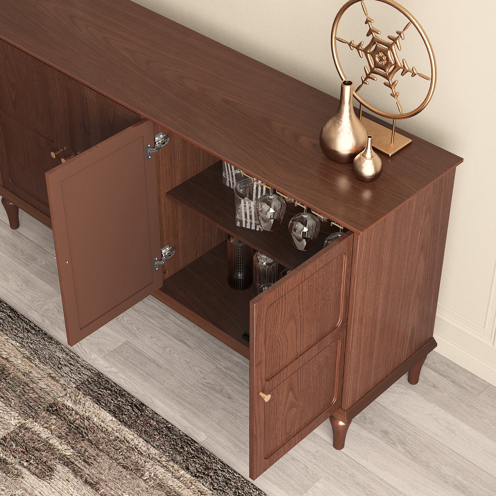HLR Mid Century 58" Wood 4 Door Sideboard Buffet Cabinet with Storage for Living Dining (Brown)