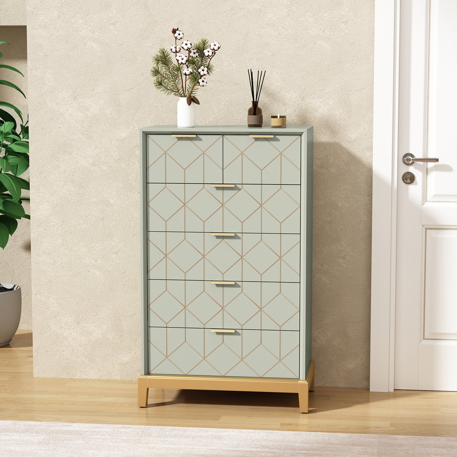 CBJCBJ 45"H Wood Gold Lines Green Dressers Chest of Drawers with 6 Drawers for Bedroom, Entryway