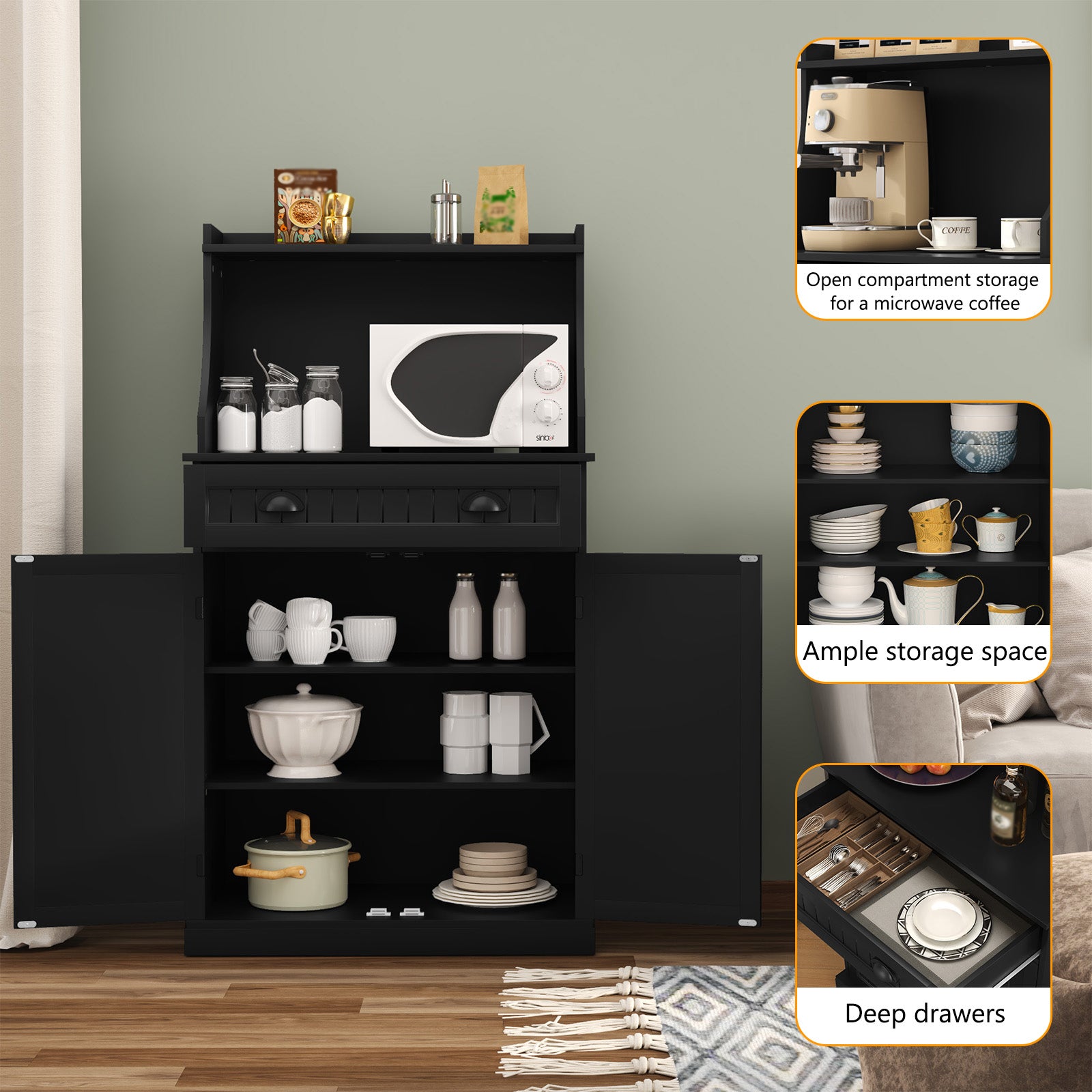 HLR 54" Kitchen Pantry Cabinet with Door & Shelves, Sideboard Buffet Cabinet with Microwave Stand for Dining Room, Black