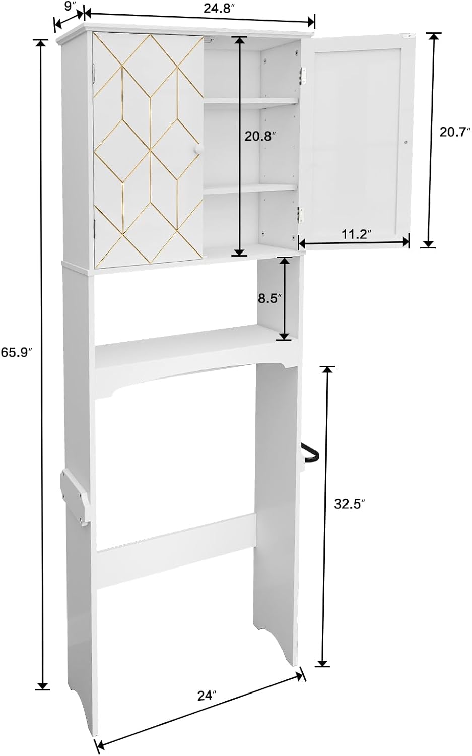 HLR® Over The Toilet Storage Cabinet with Gold Trim, Modern Bathroom Cabinet Over Toilet