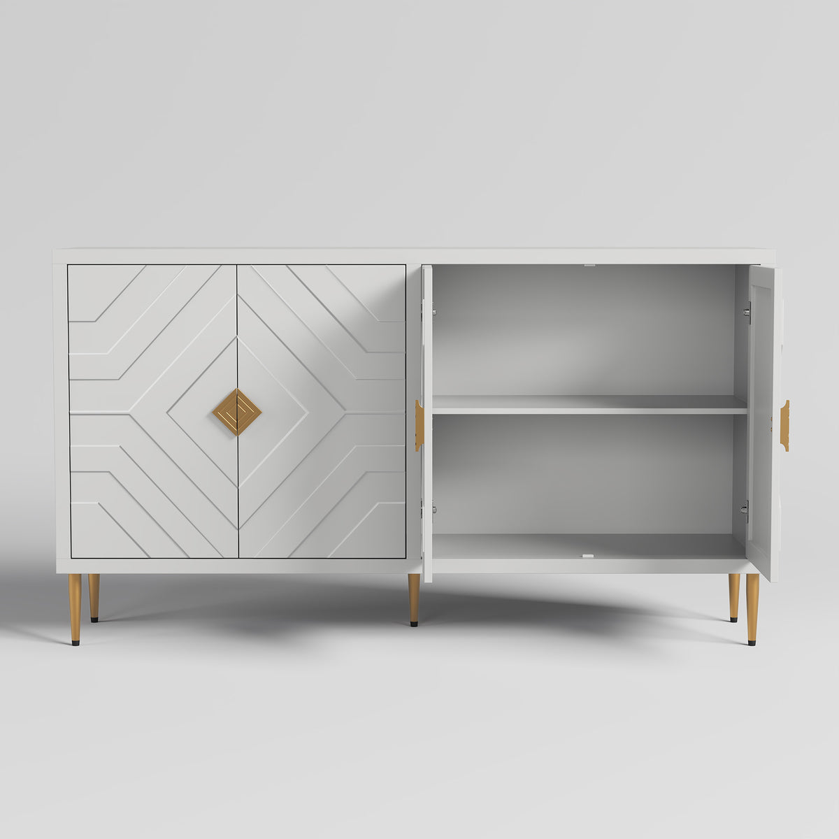 HLR 58" Modern Accent Sideboard Cabinet, 4 Doors, Adjustable Shelves, Fluted Storage Cabinet, White