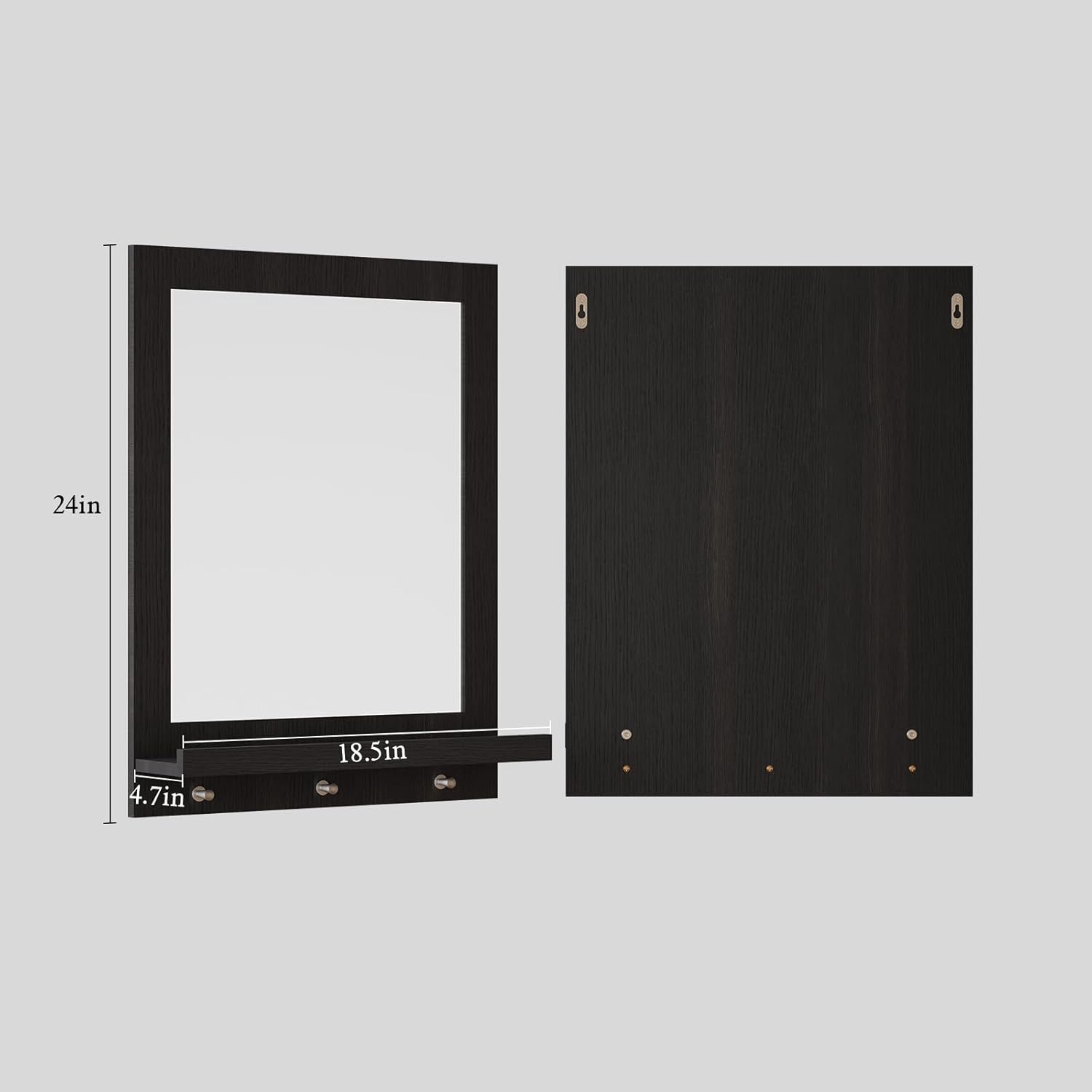 HLR® 24" x 18.5'' Wood Wall Mirror with Shelf, Rectangular Hallway Mirror with Hooks