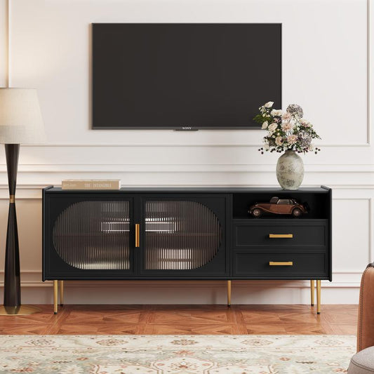 HLR® Modern 60” TV Stand for 55/60/65 inches TVs, Glass Door TV Cabinet with Drawers