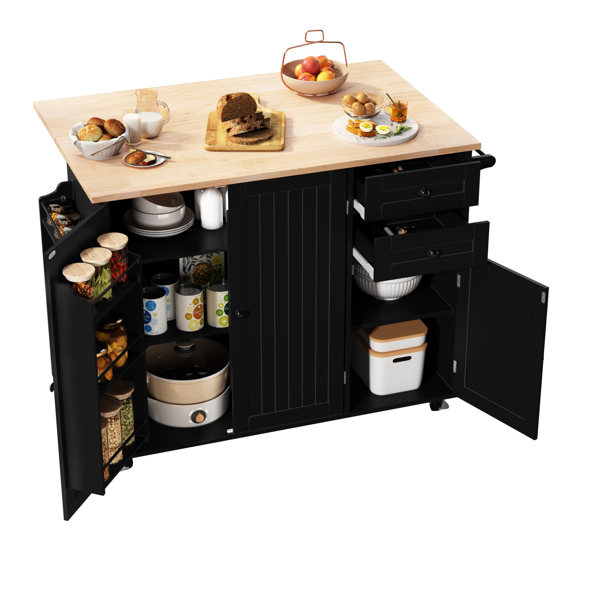 HLR 50.39" Kitchen Islands with Storage, Wood Top Cart with Drop Leaf and Wheels,Black