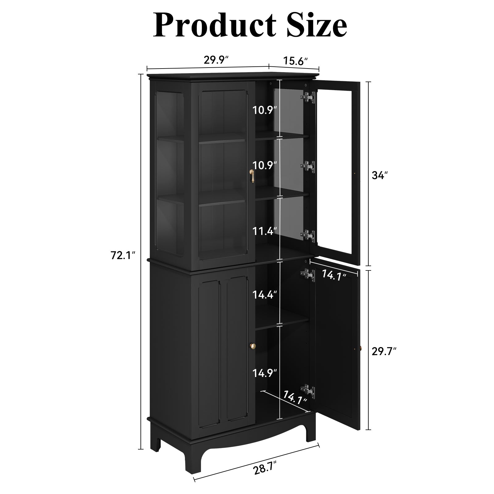 CBJCBJ Modern Bookcase with Storage, Display Cabinet with Glass Doors, Storage Cabinet with Adjustable Shelves,Black