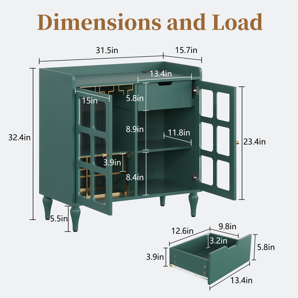 HLR Large Sideboard Buffet Cabinet with Storage, 32" Mid-Century Green Coffee Wine Bar with 2 Glass Doors, Outlets