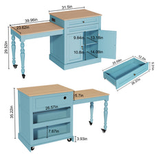 CBJCBJ Modern Extendable Kitchen Islands on Wheels with Power Outlet, Dining Table Cart with 2 Doors Storage, Blue