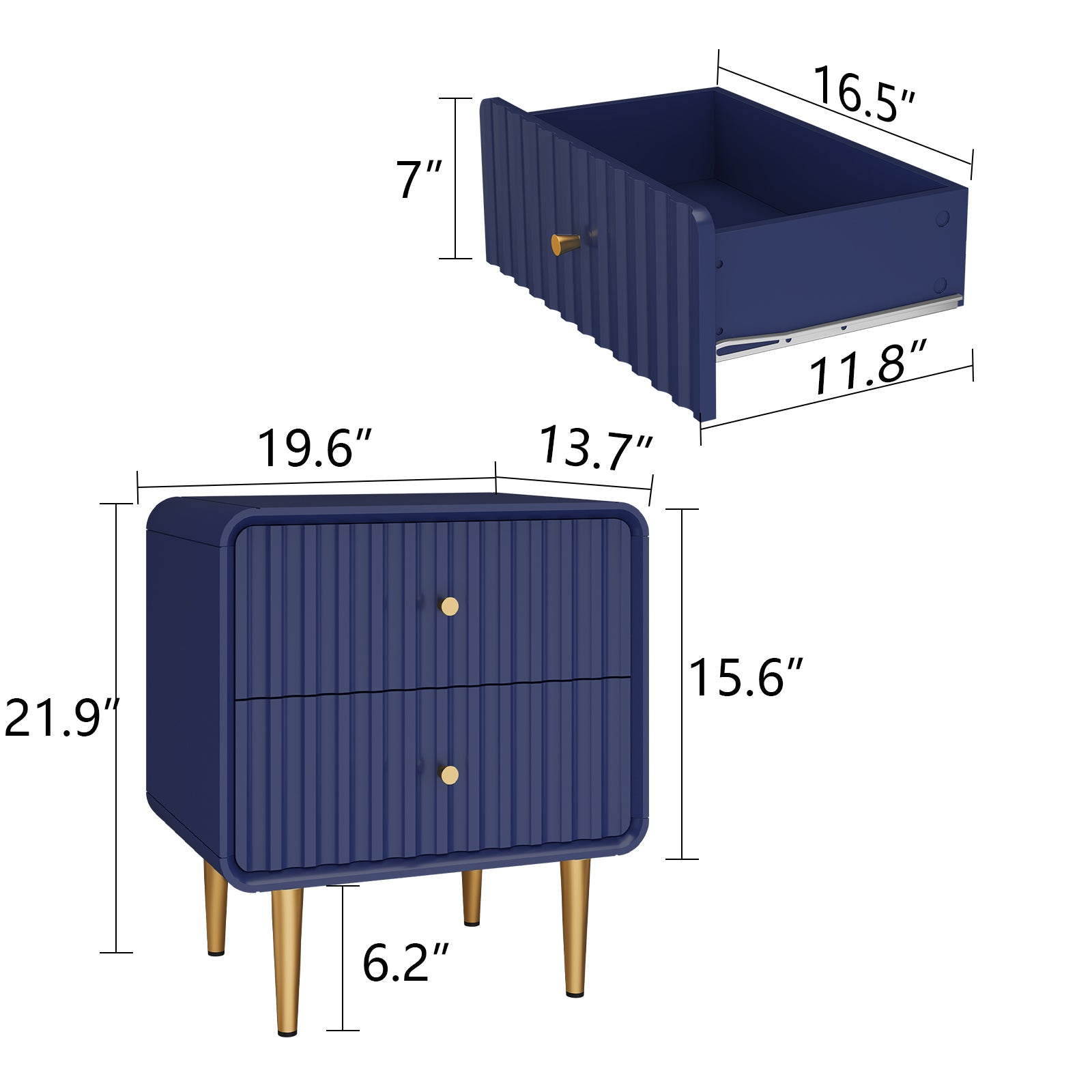 CBJCBJ Modern Bedroom Nightstand Set of 2, 20-Inch Wood Bedside Table with 2 Drawers and Gold Handles, BLUE