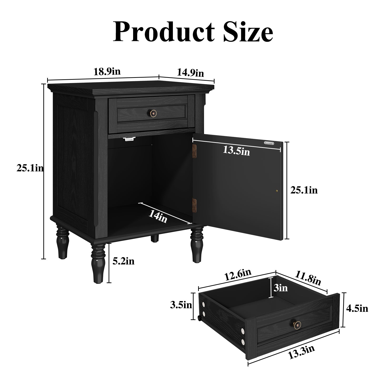 HLR 25"H Nightstands Set of 2, Modern Retro Bedside Table with Drawer, End Table for Bedroom, Black